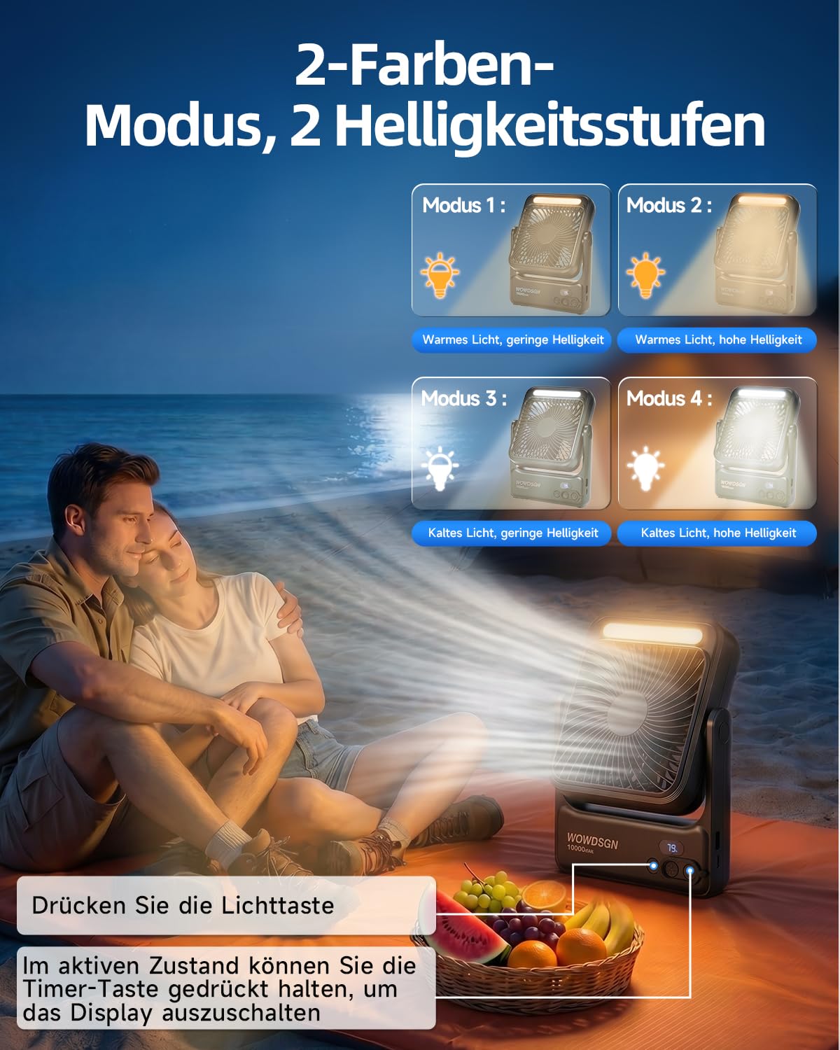 WOWDSGN Ventilator Akku 10000mAh mit Starkem 𝐌𝐚𝐠𝐧𝐞𝐭𝐟𝐮ß, Tischventilator USB mit LED-Nachtlicht & Haken, Powerbank-Funktion, 8-Stunden Timer, für Camping, Wohnmobil, Schlafzimmer, Reisen