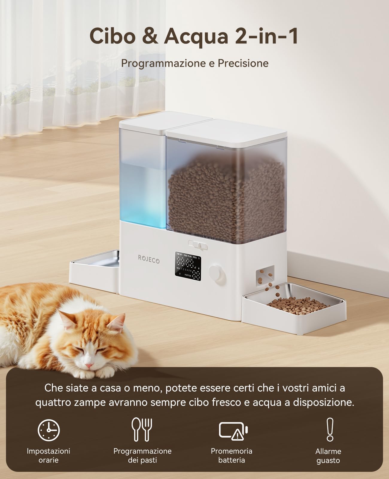Rojeco Mangiatoia automatica 2 in 1 e distributore d'acqua, 5 l, per gatti + serbatoio dell'acqua da 3,5 l, distributore programmabile per gatti con display a LED, senza BPA, per animali domestici