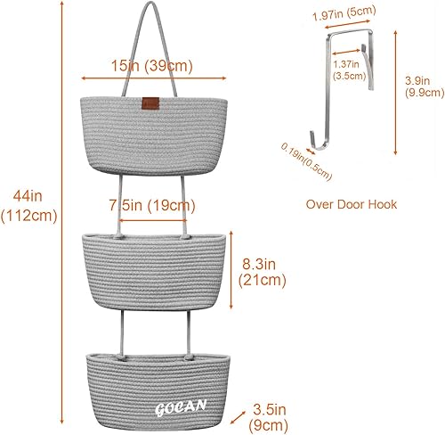 Miniatura 9 de GOCAN Cestas de almacenamiento colgantes sobre la puerta, cesta colgante tejida de cuerda de algodón de 3 niveles, cestas colgantes decorativas