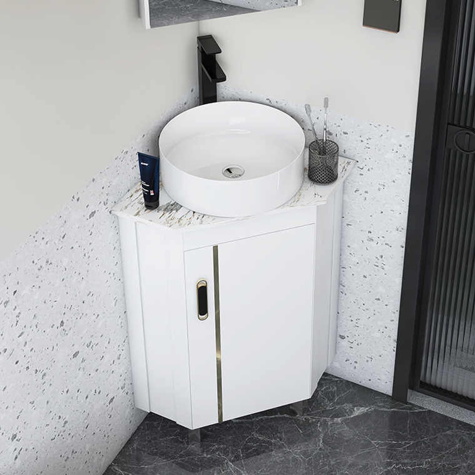 AYCDL Small Corner Bathroom Cabinet Vanity with Sink Floor Standing Bathroom Vanity Sink Ceramic Wash Basin Corner Sink Bathroom Sink with Cabinet Combo for,One Color-43cm/16.9in