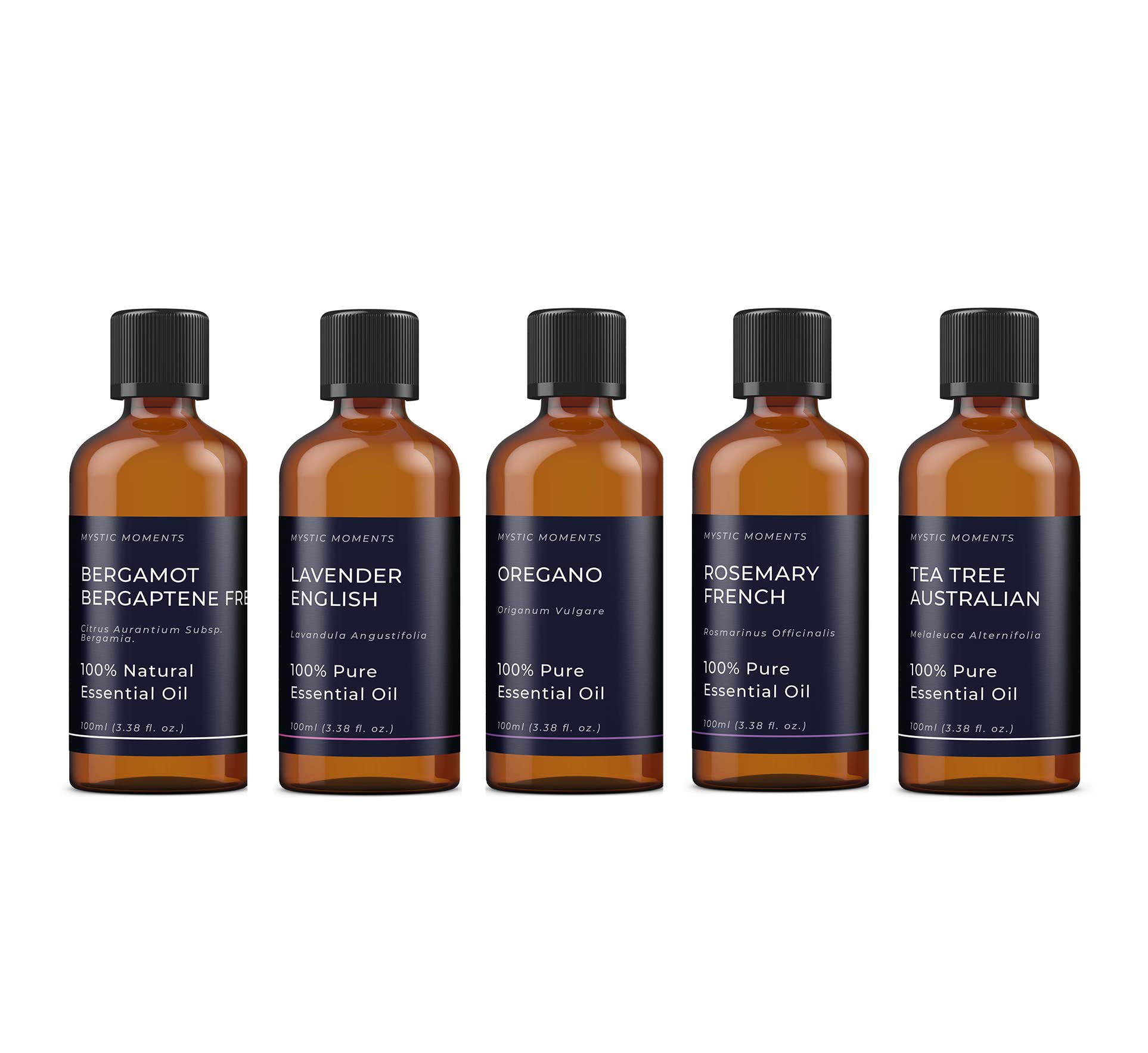 Mystic Moments | Reine Haut Ätherische-Öle Geschenk-Starterset | 5 x 100ml Rein Aromatherapieöle – Teebaum Melaleuca alternifolia, Lavendel Lavandula angustifolia, Zitrone, Geranie & Weihrauch