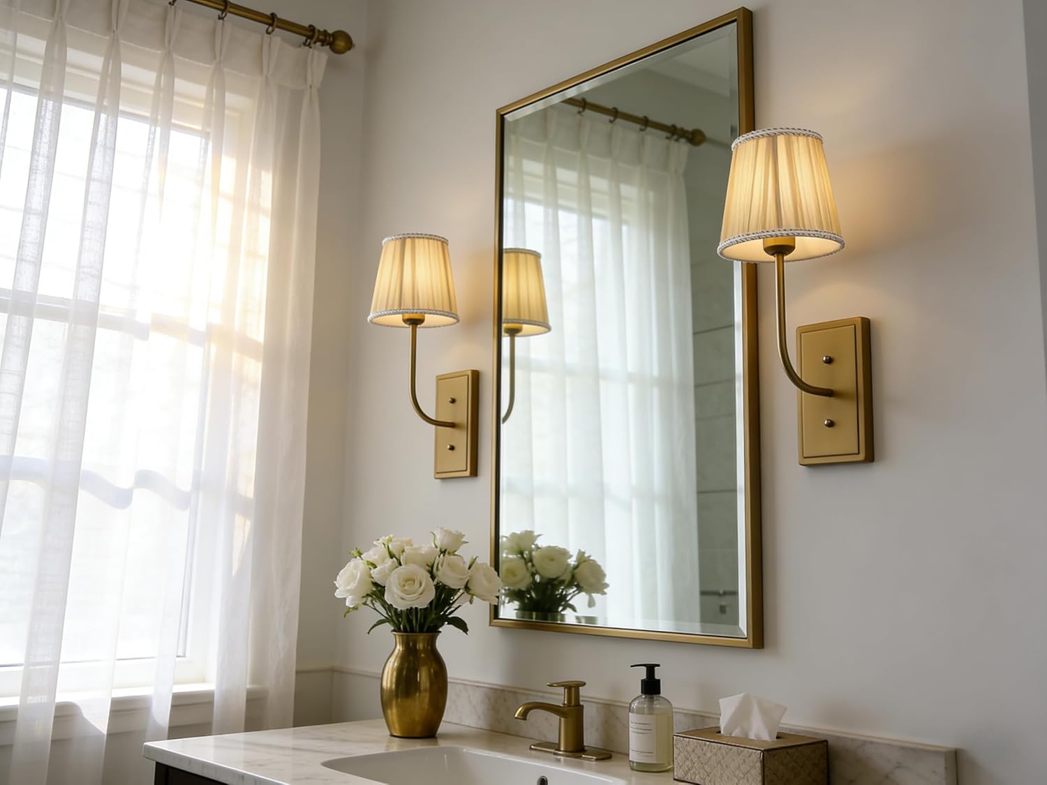 Vintage Wall Sconce 1-Light with Khaki Gauze Pleated Fabric Shade, Antique Brass Wall Lamp Hardwired Indoor Wall Light Fixture for Bedroom Living Room Vanity Bathroom