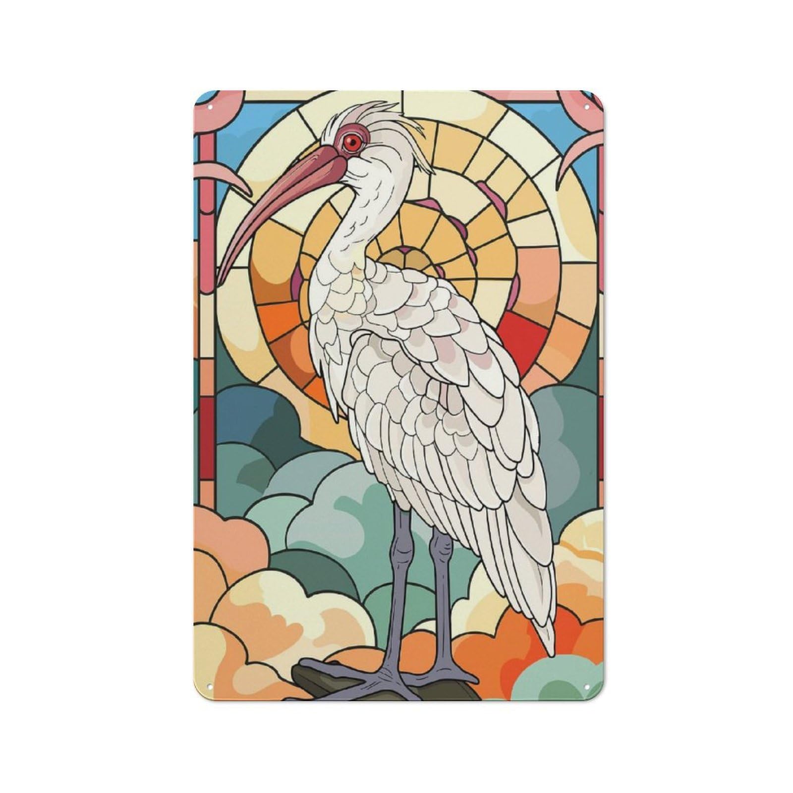 Junmoney Style-24 Stained Glass Ibis With Sun And Clouds Vintage Tin Sign 30X20cm For Café Or Restaurant, Suited To Café Owners And Decorators