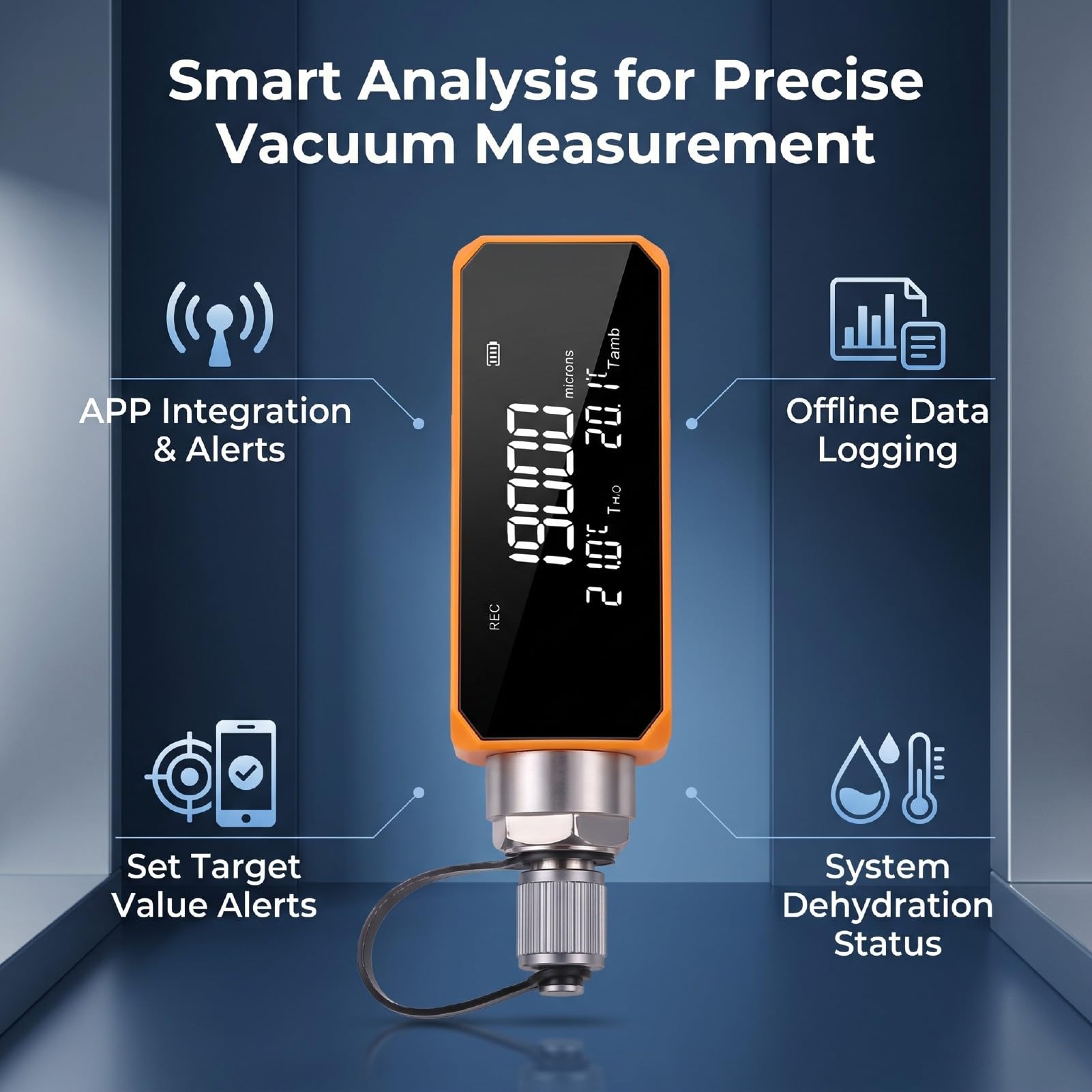 Yanmis Medidor de Vacío Digital Recargable Probador de Presión SAE HVAC de 1/4 Pulgadas con Alerta de Aplicación, 0-19000 Micras, Compensación de Temperatura Inteligente, Registro de Datos para