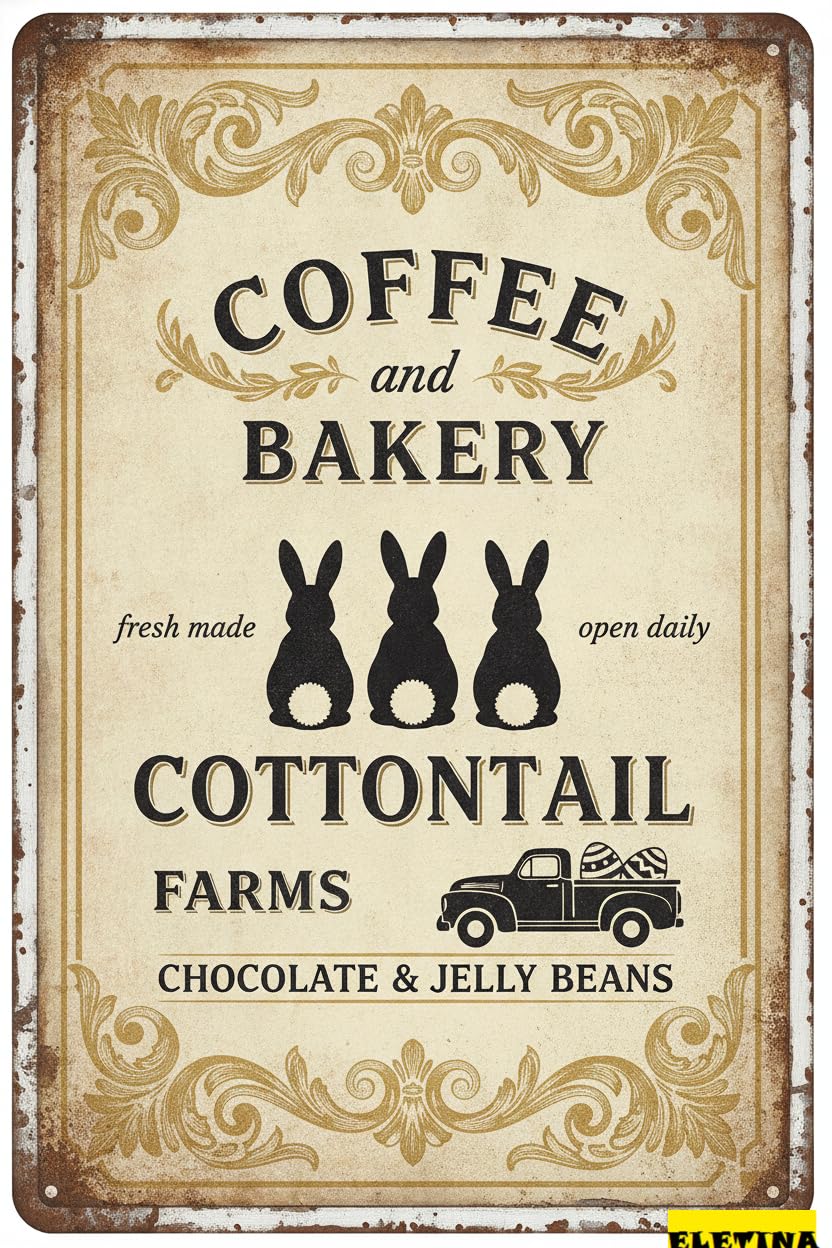 Cottontail Farm Coffee Bakery Tin Sign, 8x12 Inch Decor
