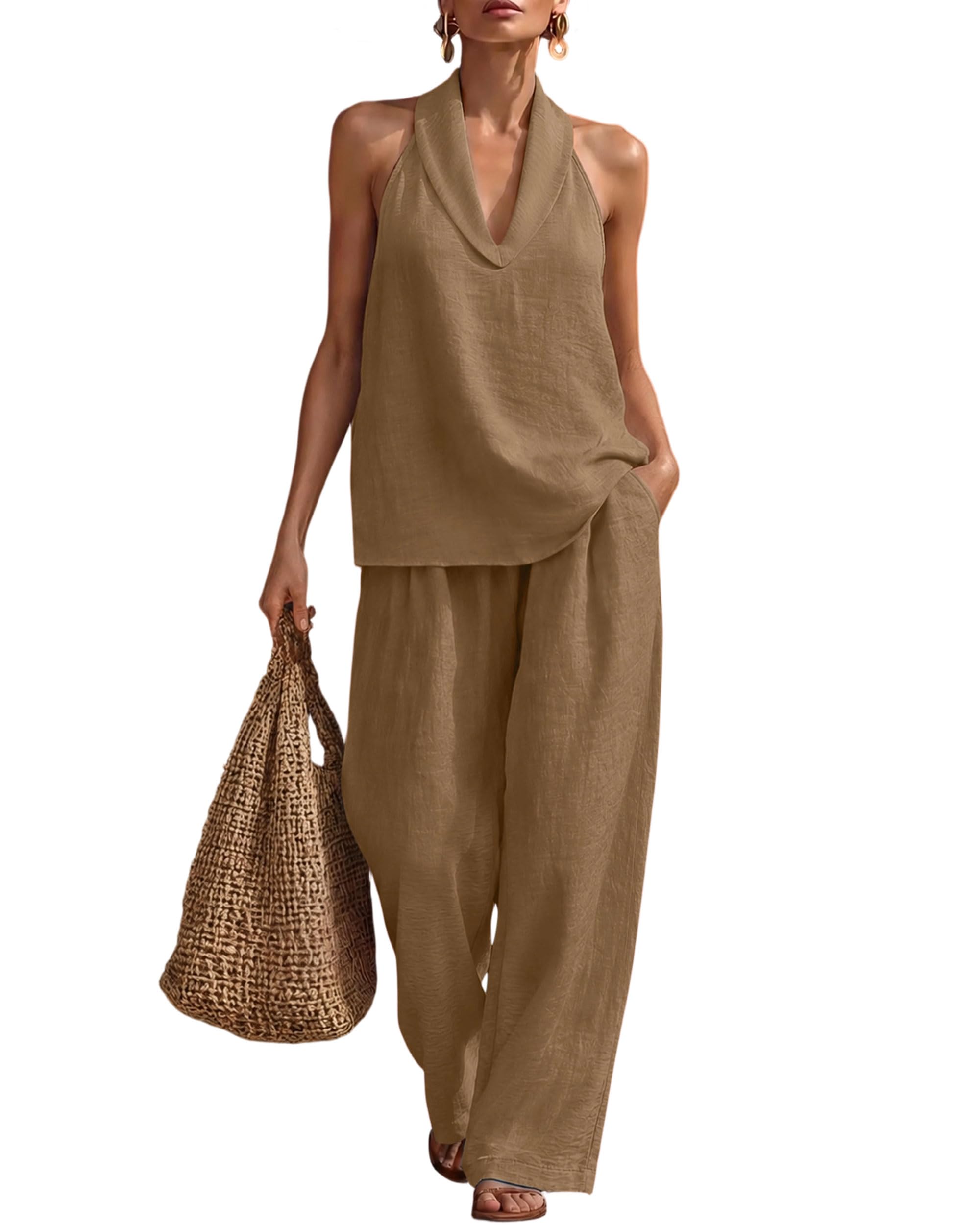 Completo Donna Due Pezzi Outfit Estivo Top Halter Pantaloni a Gamba Larga con Tasche