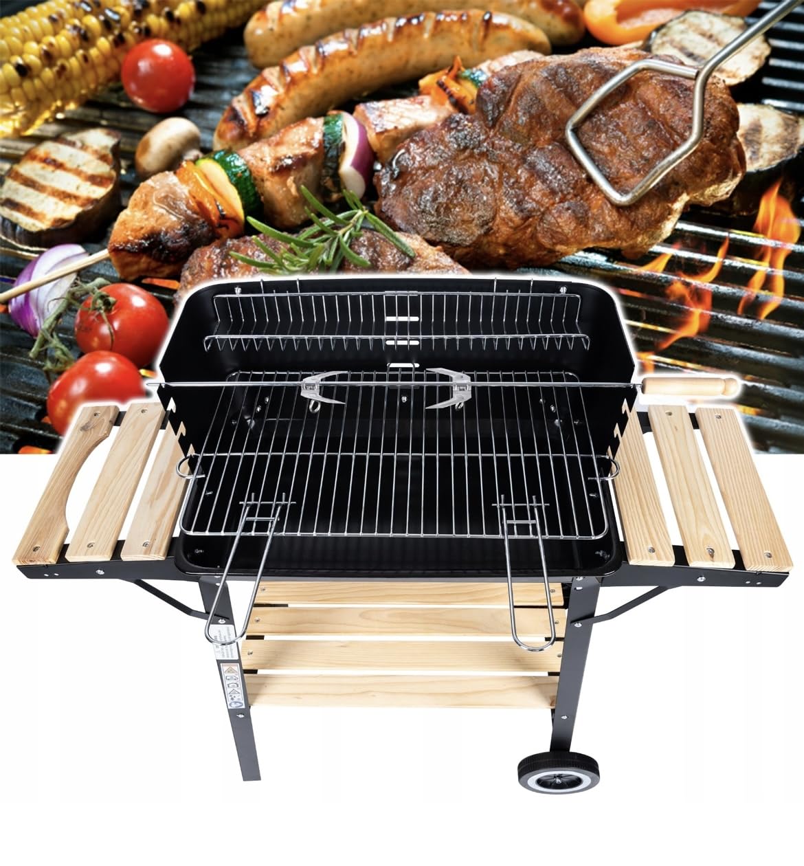 Grill ogrodowy węglowy, grill z blatem, duży grill na kółkach z rusztem na kurczaka