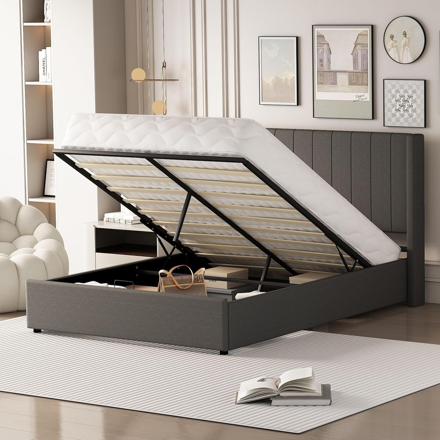 Luxdream Wooden Bed Frame Queen Size Gas Lift Up Underbed Storage