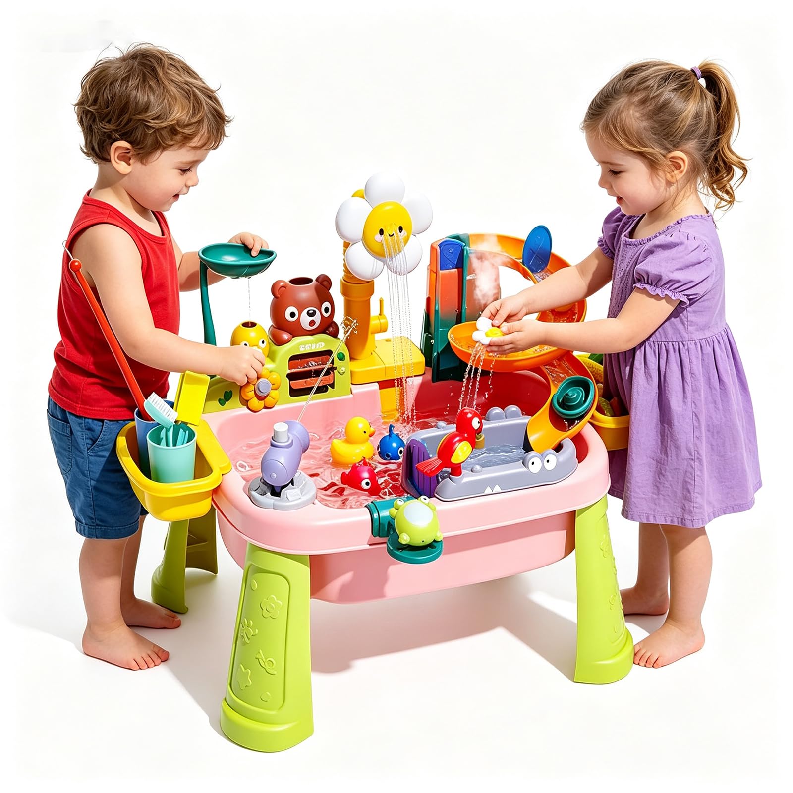 Kids Water table, Electronic Play Sink with Running Water, Simulation Dishwasher Toys, 180° Rotating Faucet, Pretend Play Kitchen Sink & Summer Water Toys for Boys Girls Ages 3+(Pink)