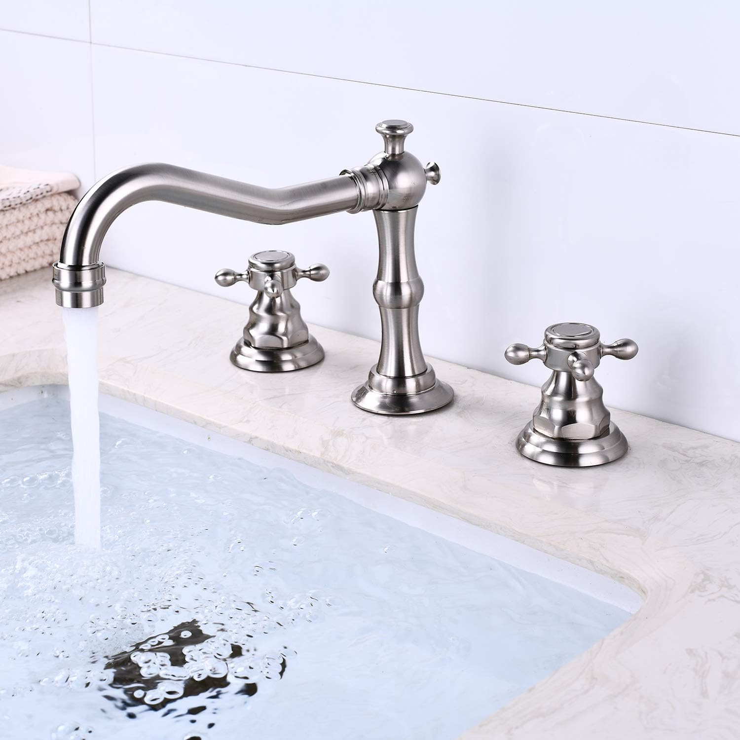 Brushed Nickel Shower Faucet Sets 8 Inch Luxury Rain Shower Head 2 Cross Knobs with Tub Spout Shower System with Matching Widespread Bathroom Faucet Brushed Nickel 3 Holes Deck Mounted Victorian Style