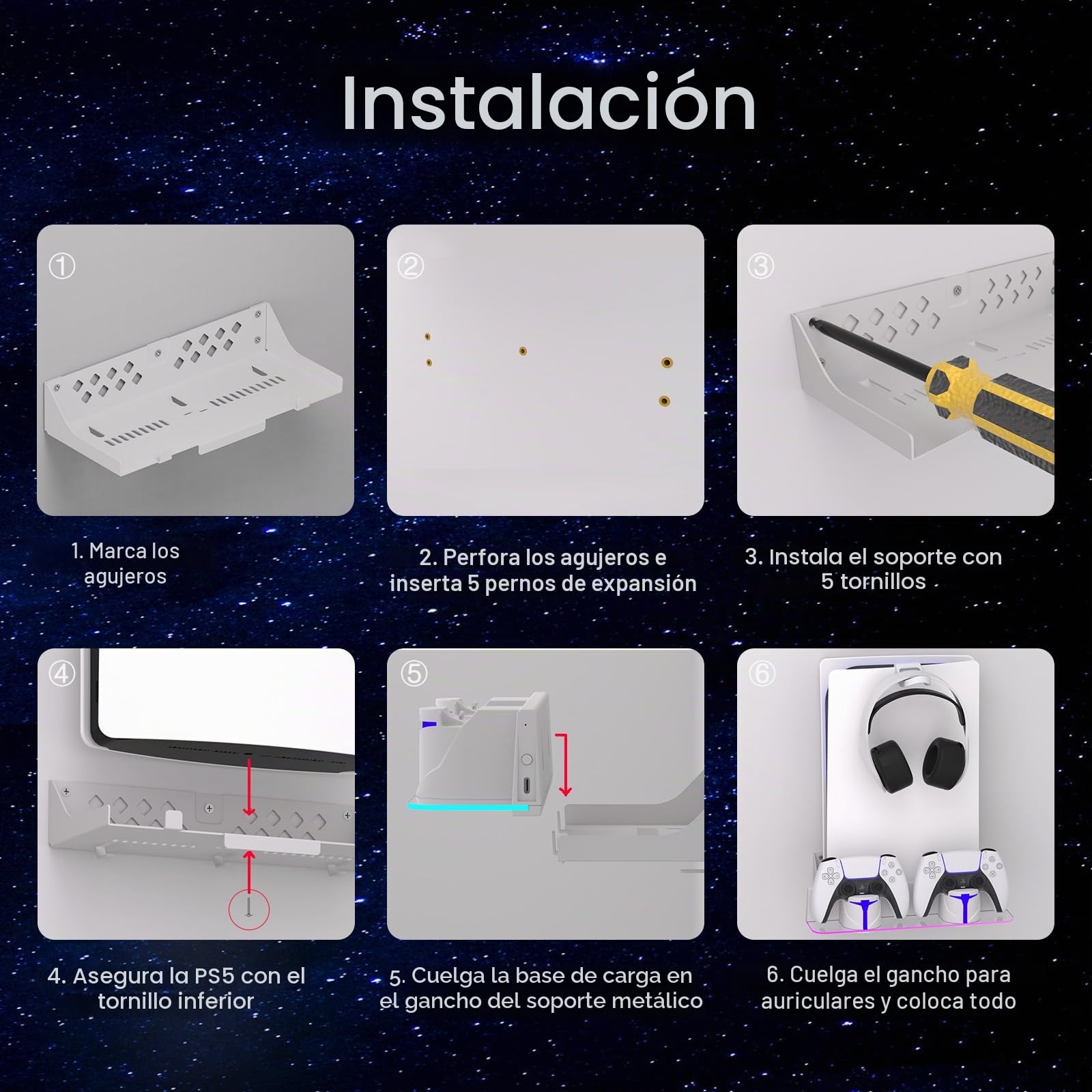 Hosanwell Soporte de Pared para PS5/PS5 Slim/PS5 Pro con Estación de Carga, Compatible con PS5 Disc & Digital Versión, Estación de Carga con Multimodo RGB Luz, Blanco