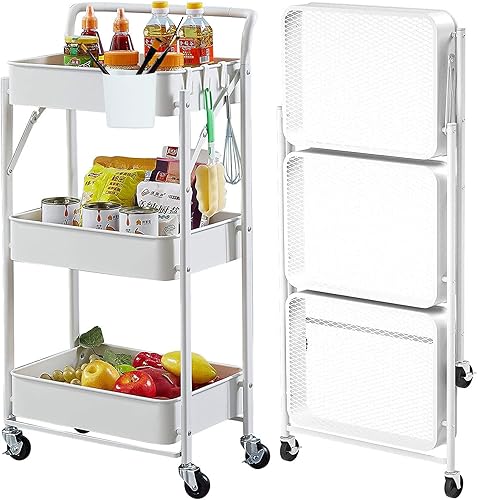 Carrito de almacenamiento plegable de 3 niveles con ruedas para cocina, dormitorio, oficina en casa, estante de metal sin montaje
