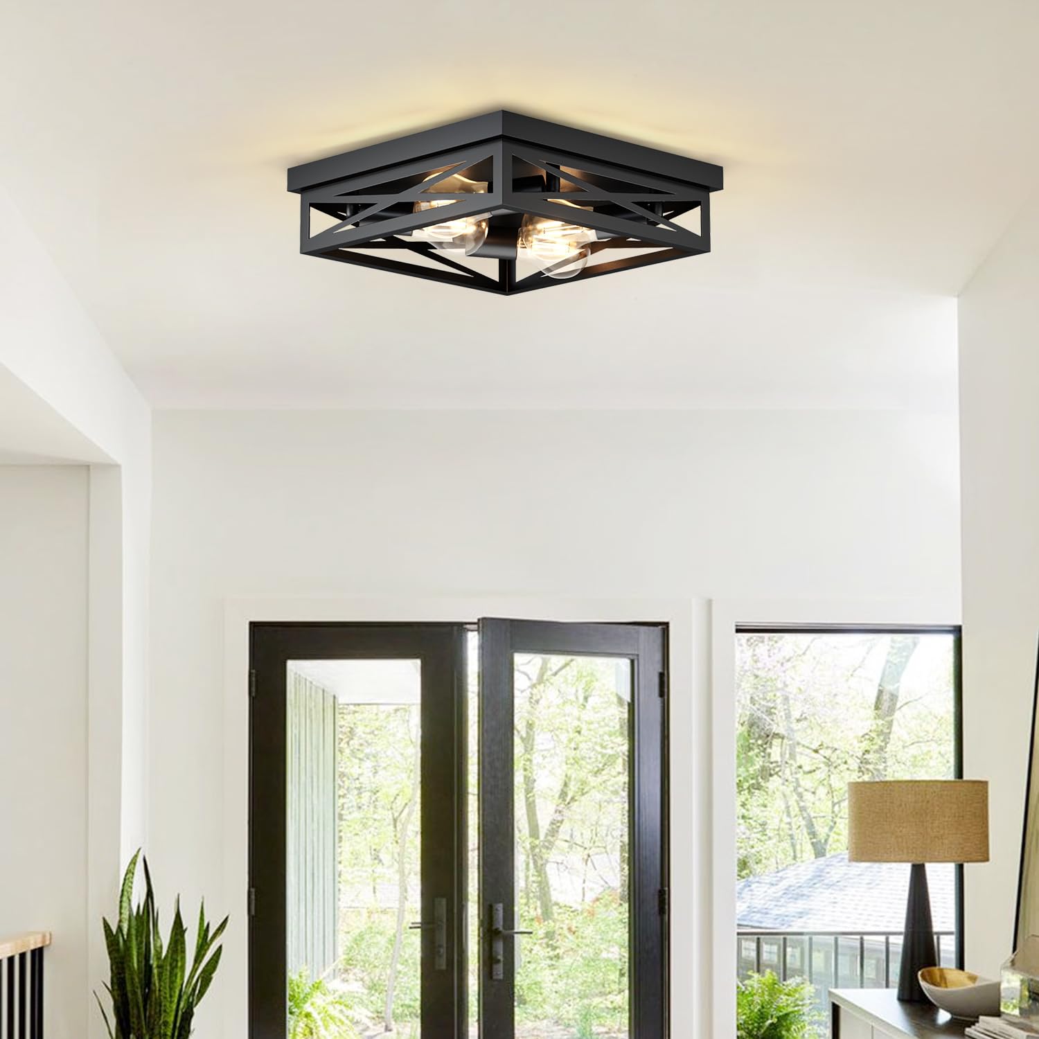 LVWIT Faretti LED Soffitto Nero, Plafoniere da Soffitto Rustica con 4 Luci, Lampada Soffitto Camera da Letto E27, Faretti Soffitto Orientabili per Soggiorno, Fattoria, Cucina, 35CM (Senza Lampadina)
