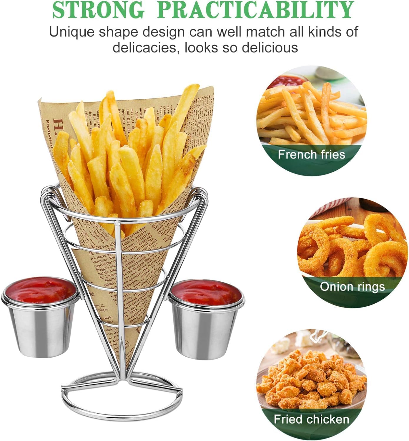 2 pezzi per patatine fritte con doppio supporto per salse, in acciaio inox, porta pesce e chip, per ristoranti e caffè.