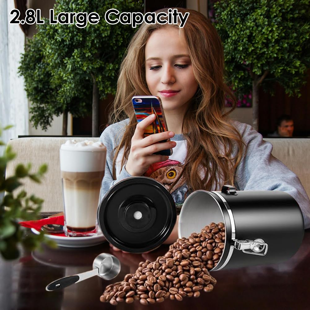 BURI grote koffieblik luchtdicht 11x19,5cm ca. 1,8L vacuüm rond koffiecontainer metaal voor gemalen koffie koffiebonen container koffiepoeder metalen blik met motief doos container met beugelsluiting