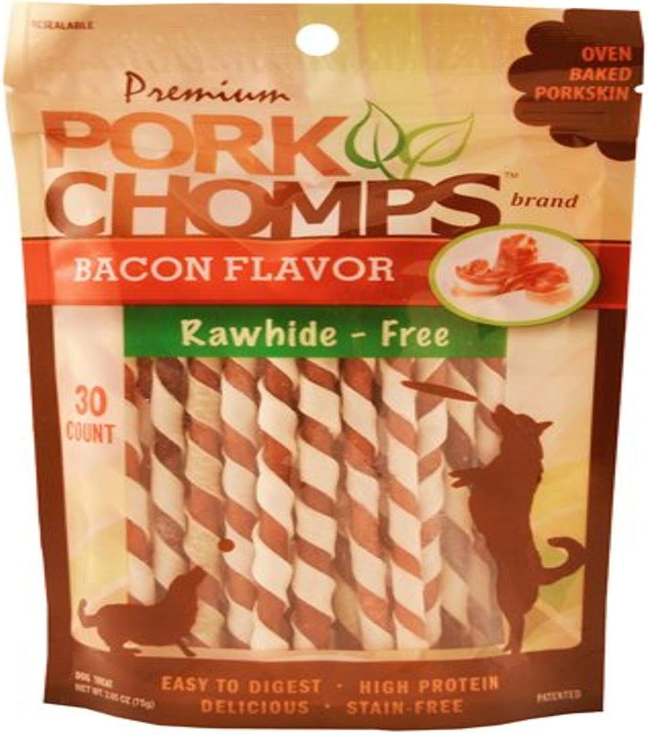 Pork ChompsBaked Pork Skin Dog Chews, 5-inch Mini Twists, Bacon Flavor Wrap, 30 Count
