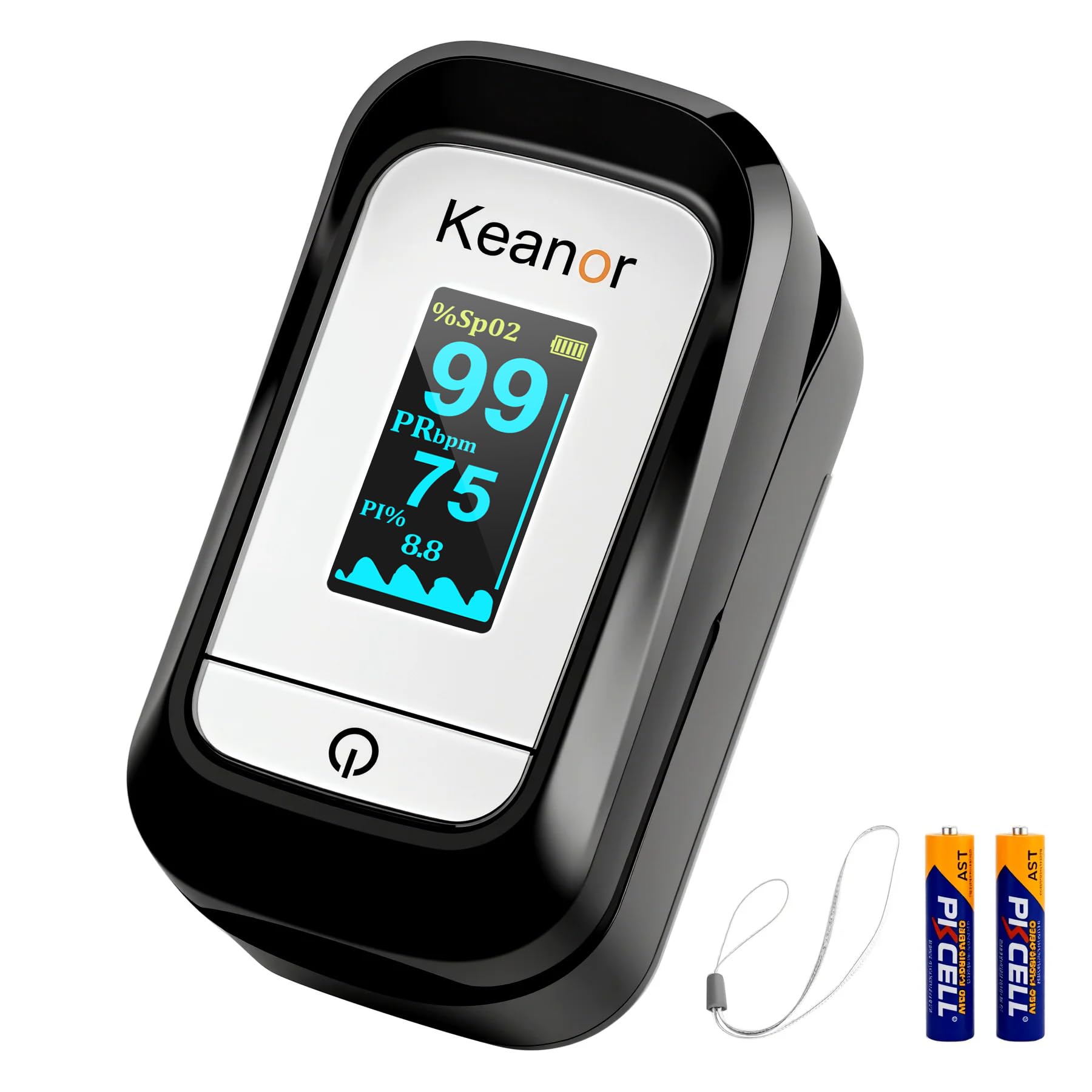 Keanor Pulse Oximeter, Oxygen Meter Finger Monitor with Alarm & PI, Finger Pulse Oximeter for SpO2 Blood Oxygen Saturation & Heart Rate, Portable O2 Monitor for Adults & Kids, Batteries & Lanyard Included