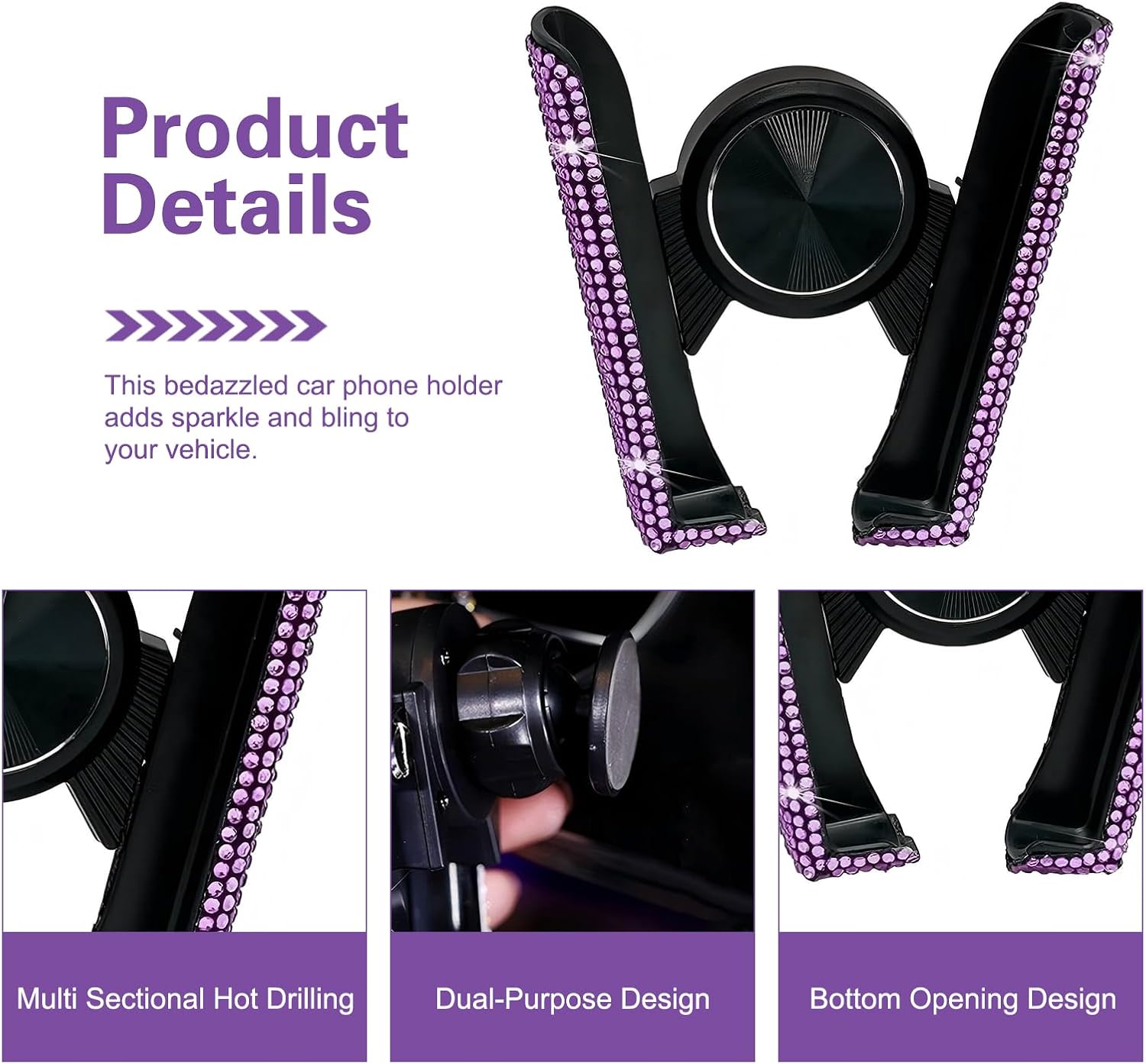 Bling Car Phone Holder, Crystal Rhinestone Car Phone Mount, 2-in-1 Suction & Vent Cellphone Stand, Universal for Vehicle Dashboard, Windshield, Air Vent (Purple) image 3