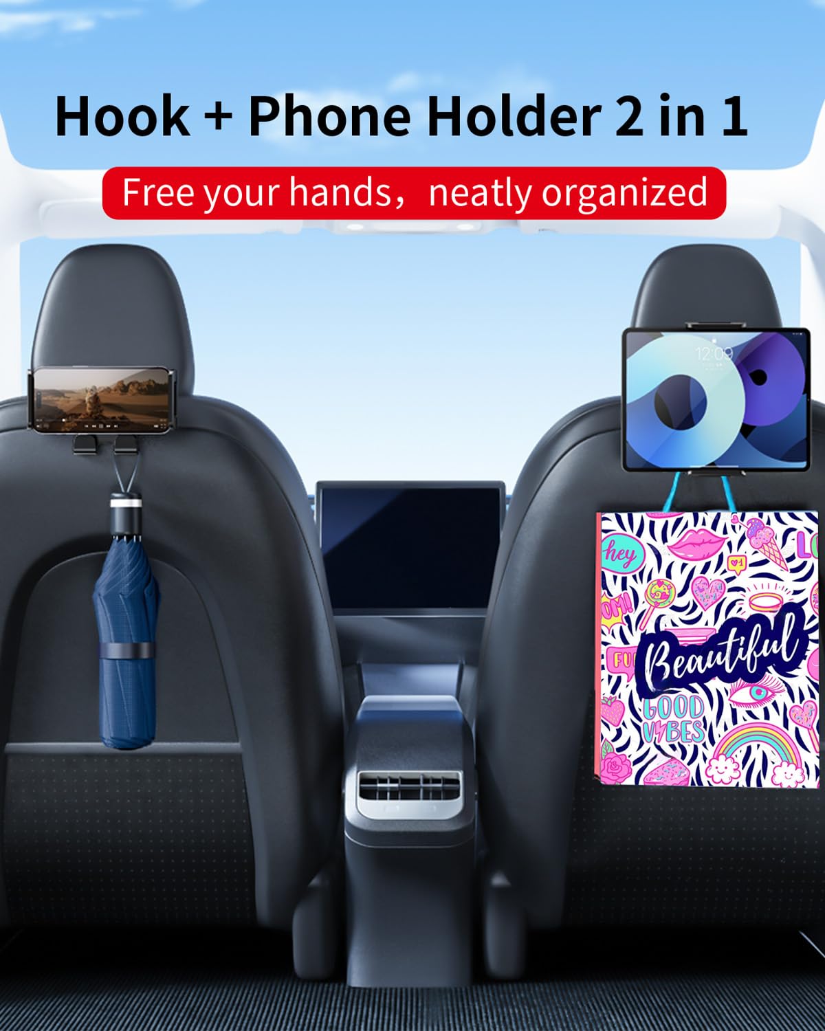 DICMKY for Tesla Model 3 Headrest Hooks with Tablet & Phone Holder, for Model Y Accessories 2025 2024 2023 2022 2021, Compat with Model X/S Car Purse Holder Back Seat Organizer Bag Hooks Purse Hanger