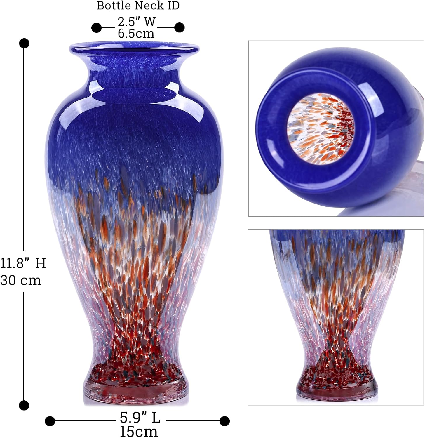 11.8" Tall Blown Blue Glass Vase, Colorful Opaque Glass Vase, Unique Design Wide Mouth Art Decoration for Home, Living Room, Dining Table, Pampas Grass Decor (Blue)