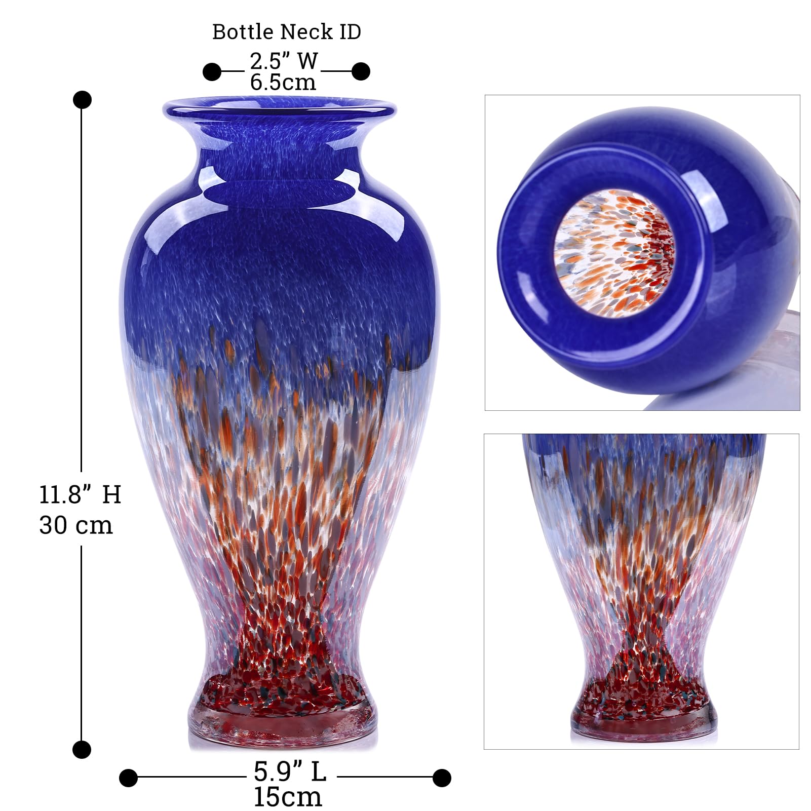 30cm Geblasene Blaue Glasvase, Farbige Opaque Glasvase, Einzigartiges Design Weitmund Kunstvase Dekoration für Zuhause, Wohnzimmer, Esstisch, Pampasgras Dekor (Blau)