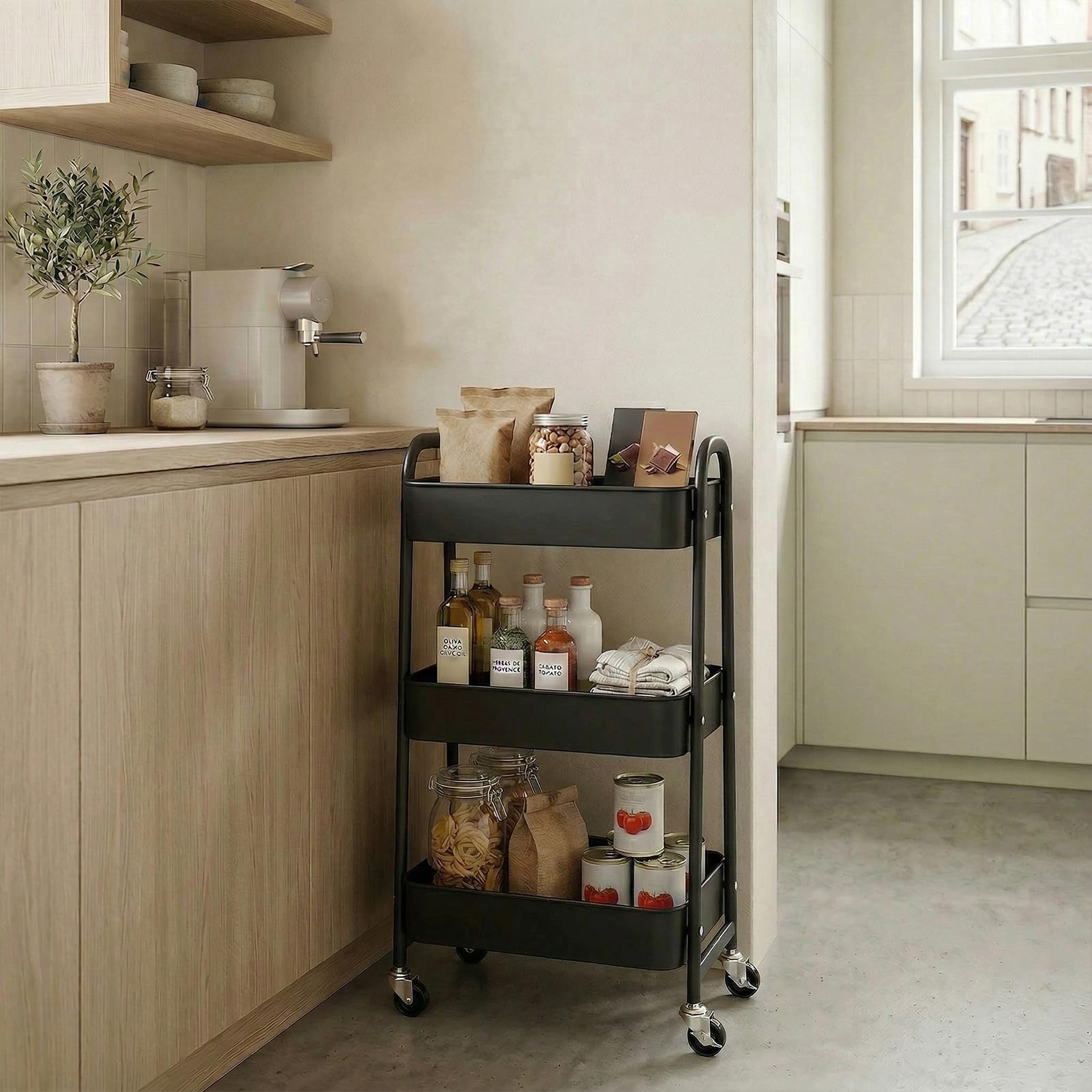 DOEWORKS Carrito Auxiliar con Ruedas Carrito Servicio Metalico Carro de Almacenamiento 3 Niveles Rodante Carro Organizador para Cocina Dormitorio Baño Oficina, Negro