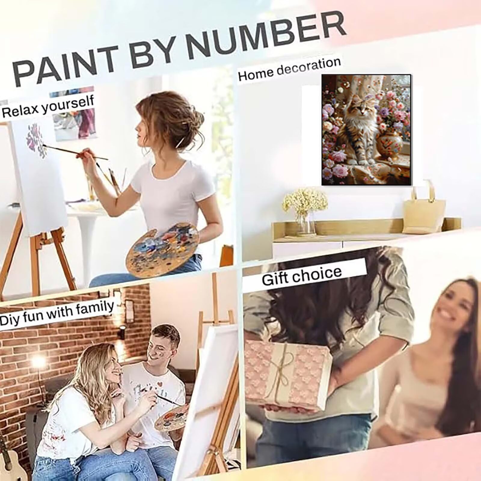 Peinture Numero Chat Peinture Numero Adulte, Paint by Numbers Fleur Paint by Numbers for Adults Facile Sur Toile avec 3 Pinceaux et Acryliques pour Decoration Maison, Cadeau Femme 100x135cm -252g77