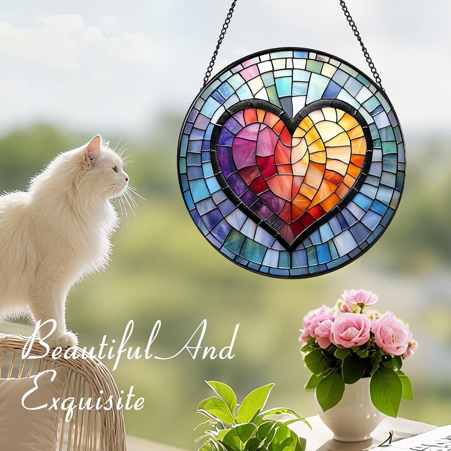 Stained Glass Heart Suncatcher - 7.9" Real Glass Rainbow Mosaic Window Hanging, Weatherproof Modern Romantic Decor, Colorful Love for Women Mom Best Friend