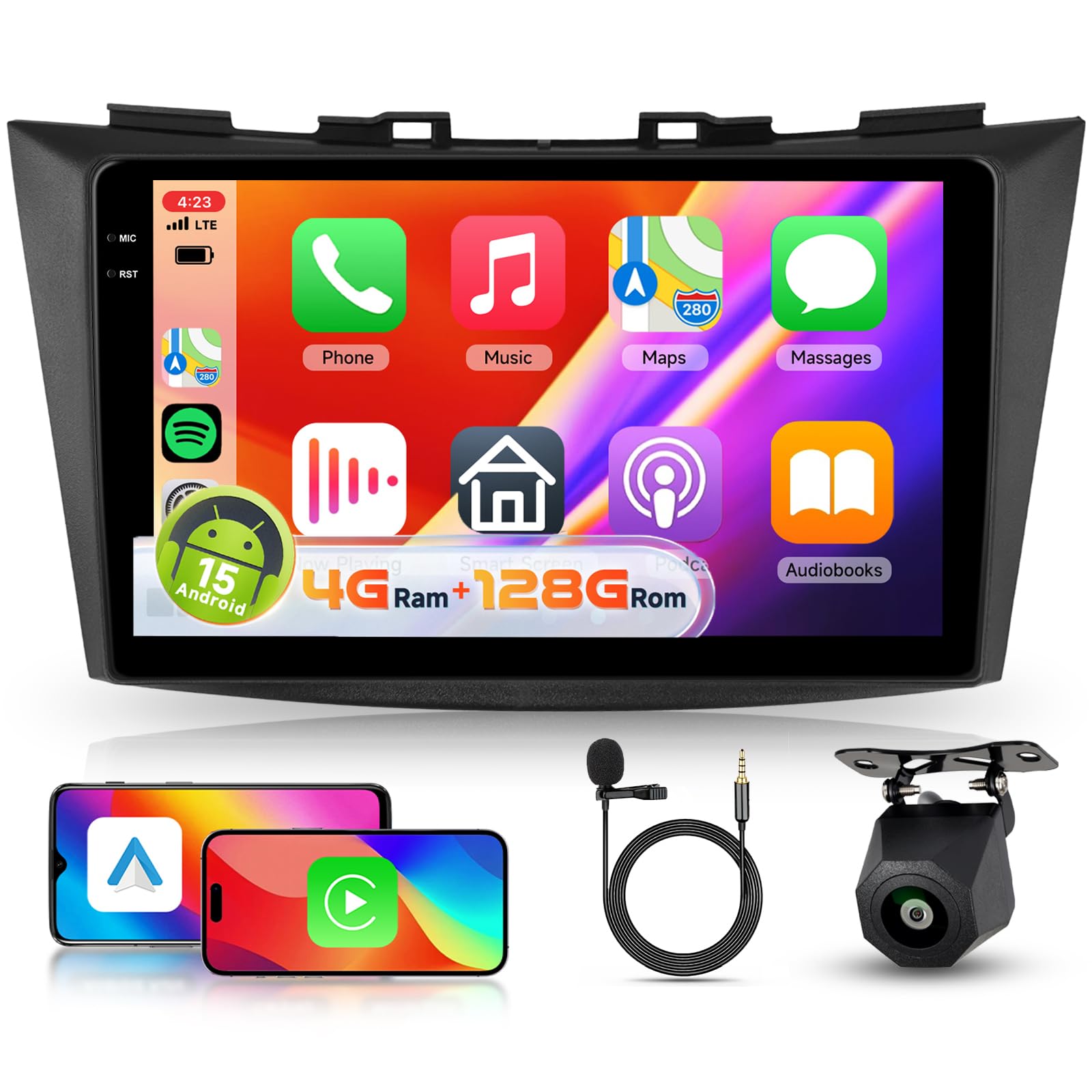 【4+128G】Hodozzy Carplay Autoradio per Suzuki Swift 2011-2017 Suzuki Ertiga 2012-2017, 9 Pollici Schermo In-Cell Stereo Auto Bluetooth 5.0 con Android Auto/EQ/GPS/Wifi/RDS/USB/SWC/DSP