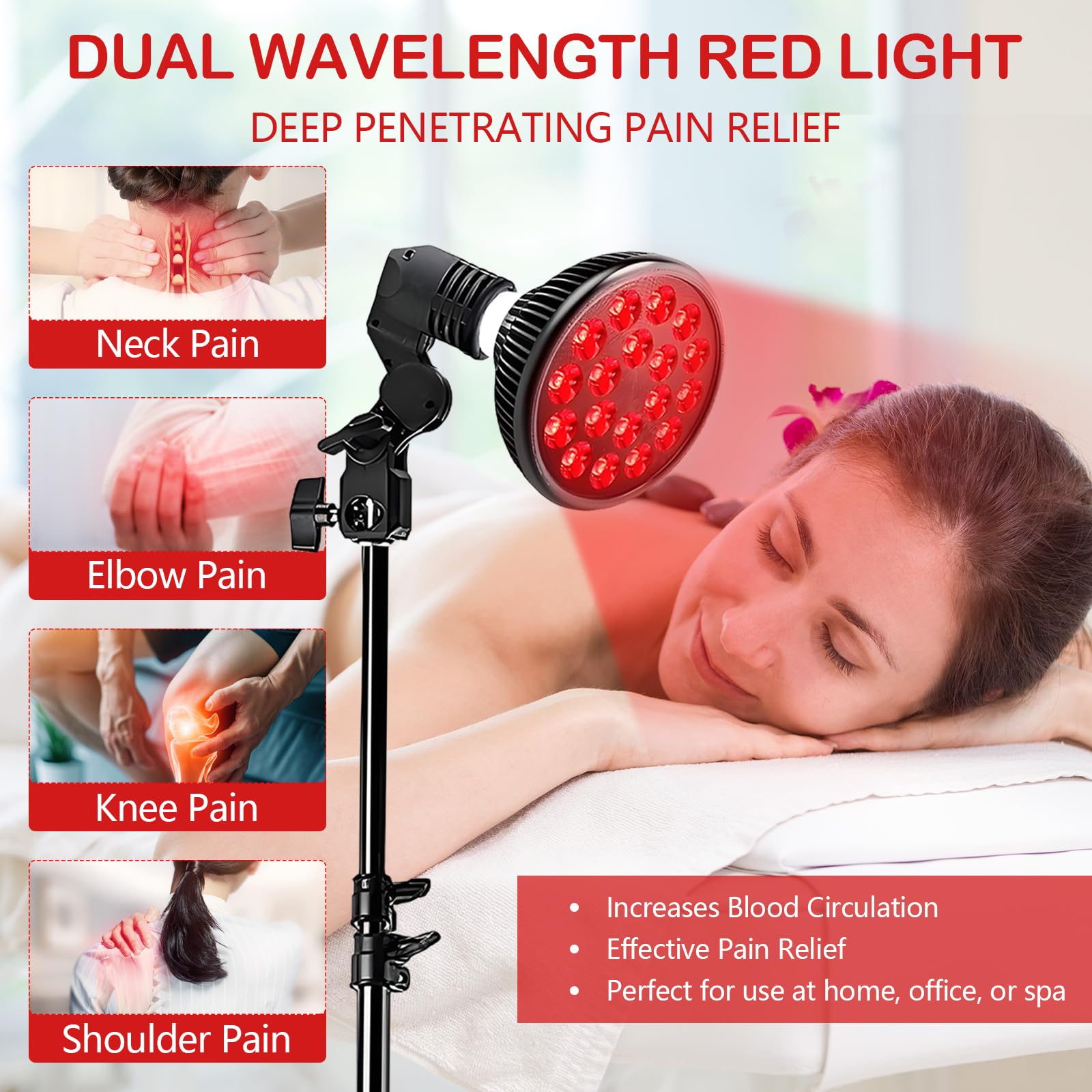 Lampe à lumière rouge avec pied, lampe infrarouge 54W 850 & 660nm, 18 LED pour thérapie par lumière rouge, chaleur profonde pour soulagement des douleurs au visage, cou et dos, efficacité et réglable