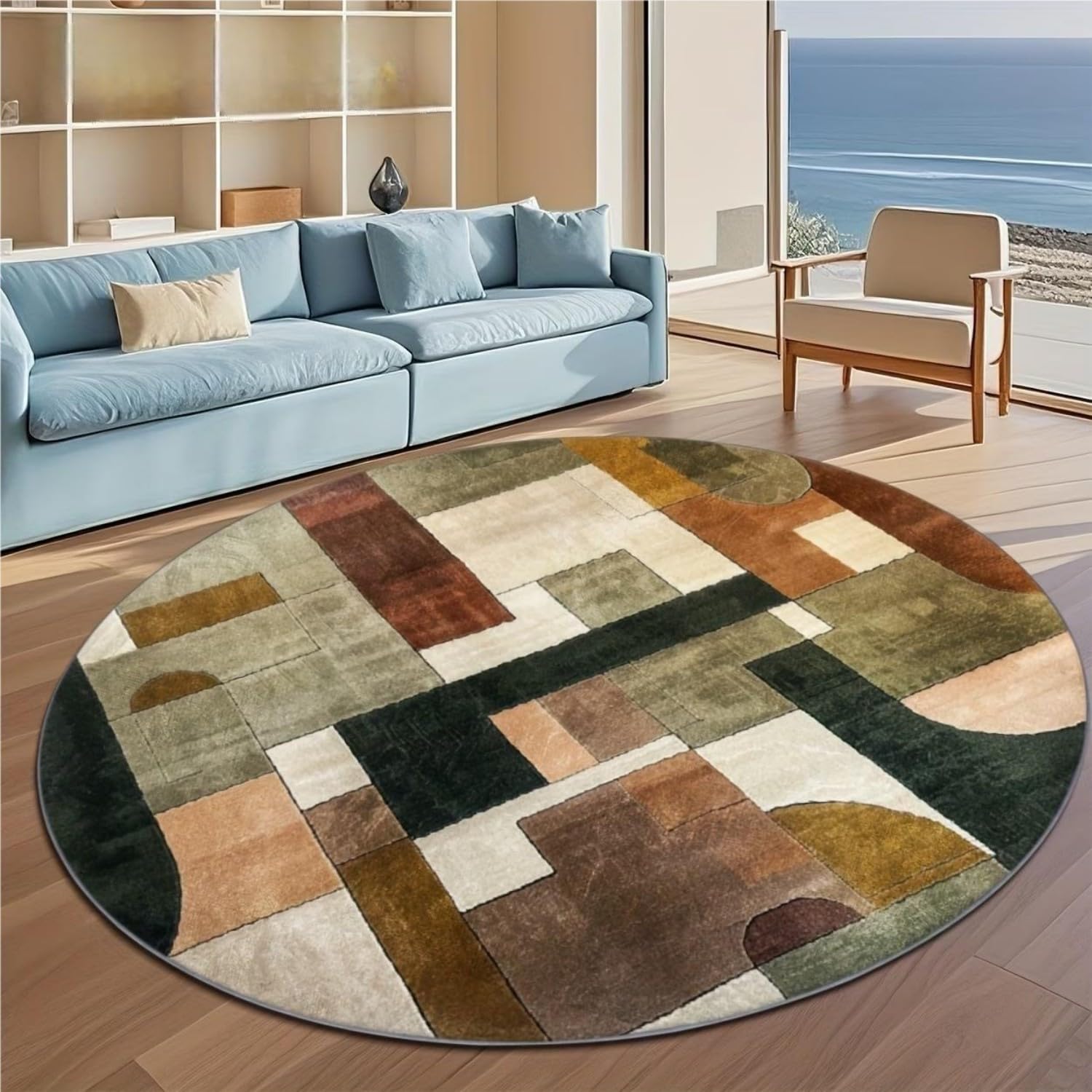 Abstract Geometric Round Rug, 200x200cm Forest Green Brown Circular Area Rugs for Lounge, Contemporary Soft Indoor Carpet, Non-Shedding Short Pile Floor Protector, Washable Boho Rugs for Study