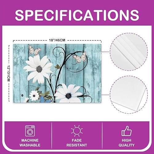 Miniatura 4 de Juego de 4 manteles individuales de margaritas blancas de 12 x 18 pulgadas, diseño de rayas de madera verde azulado acuarela, para niños,