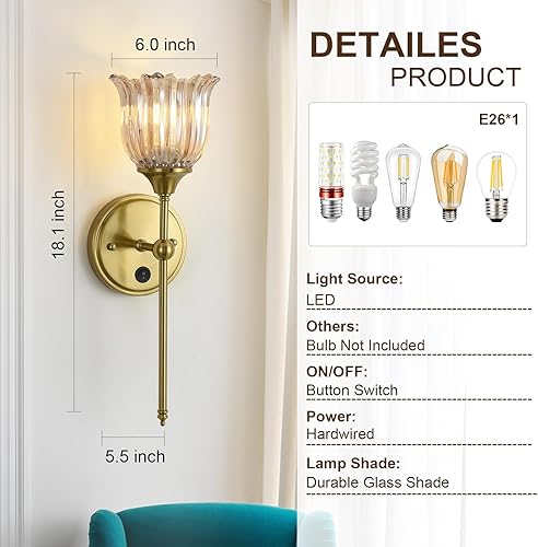 Miniatura 5 de Juego de 2 apliques de pared modernos con pantalla de cristal de flor ámbar, lámparas de pared de tocador de baño de mediados de siglo, lámparas de