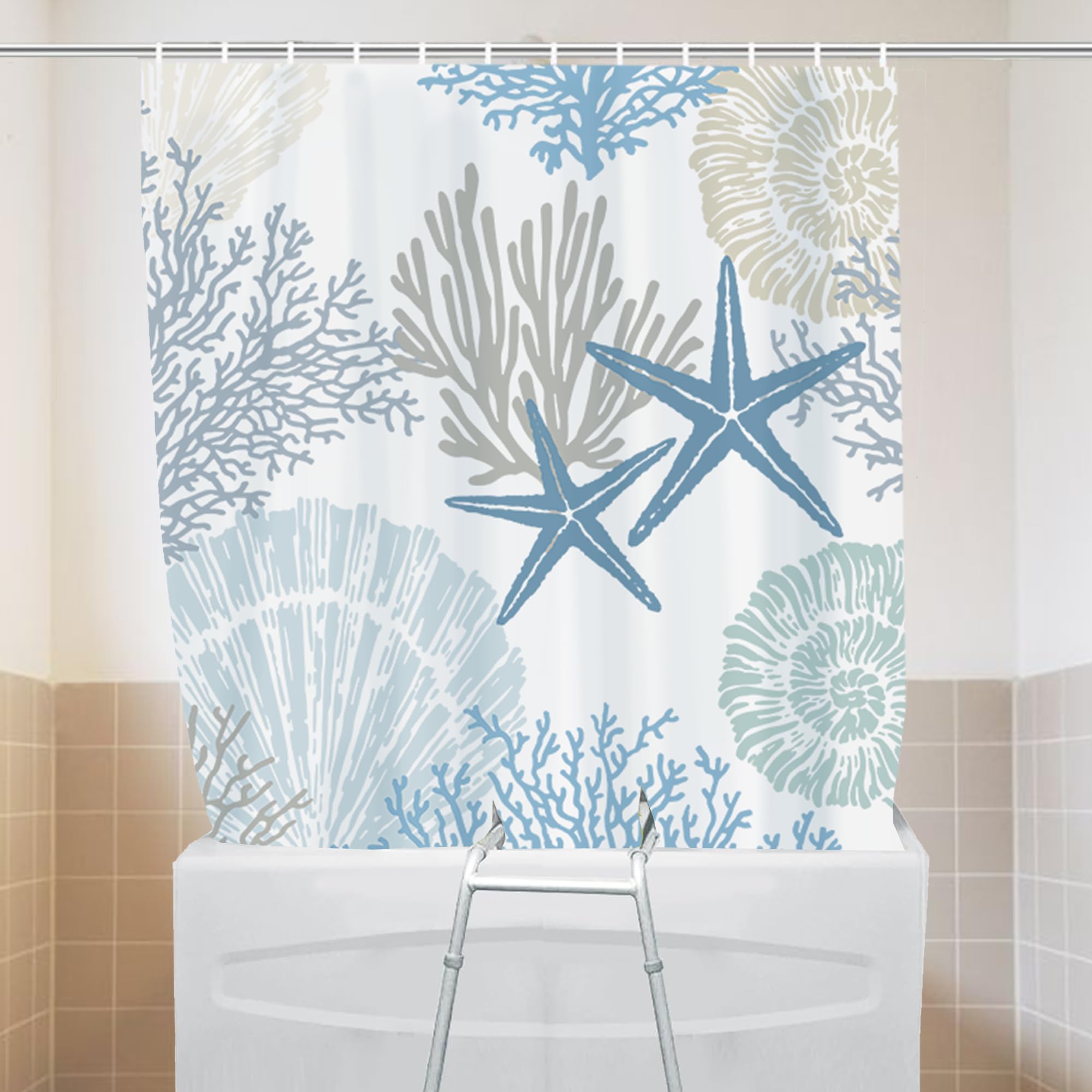 Rideau de salle de bain anti-moisissure en tissu bleu fendu océan avec crochets