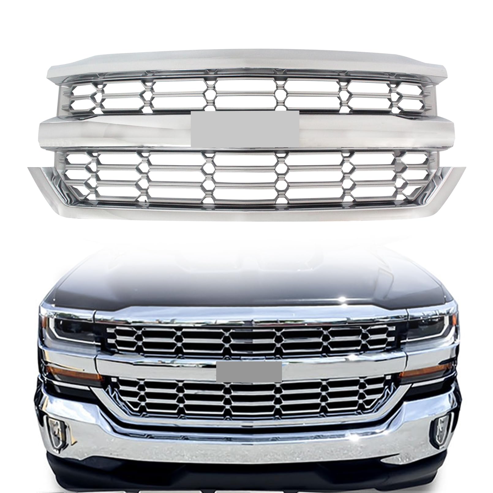 Front Grille Fit For 2016 2017 2018 Chevy Chevrolet Silverado 1500 Front Bumper Upper Grill Assembly Chrome & Silver for 84134045, 84602489
