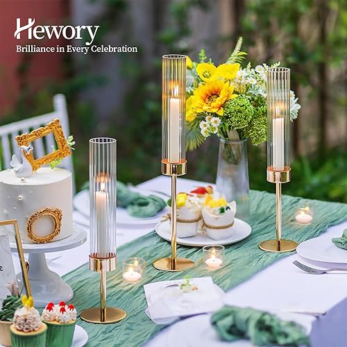 Miniatura 5 de Hewory Portavelas cónicos dorados juego de 3 portavelas alto de cristal de huracán para candelabros, candelabros, decoración para centro de mesa,