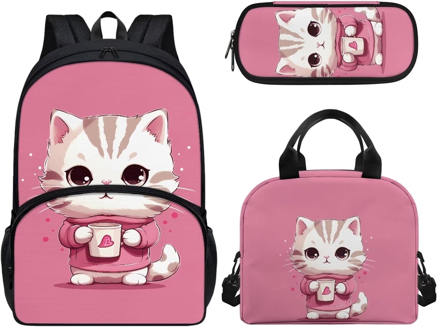 AFPANQZ Black Cat Backpack Set for Teen Kids Boys Schoolbags Zipper Bookbag Lightweight Casual Daypack Thermal Lunch Boxes Pencil Case Set for School Daypack School Bags