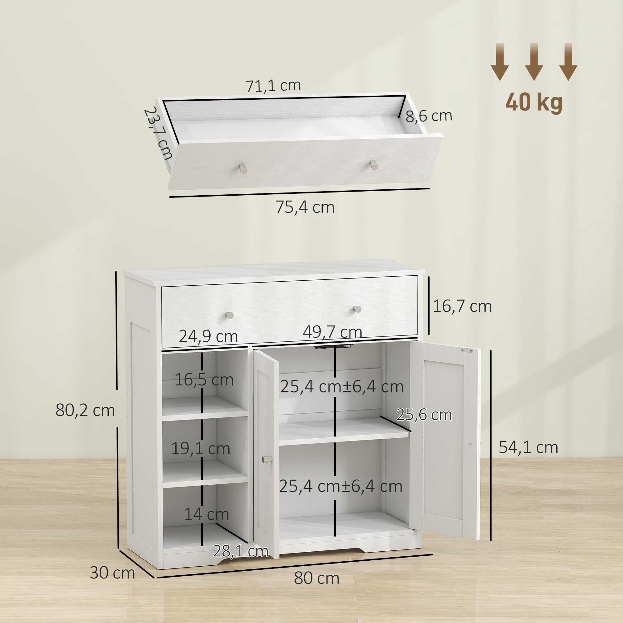 HOMCOM Meuble de Salle de Bain 1 Tiroir 2 Portes 80 x 30 x 80,2 cm Blanc