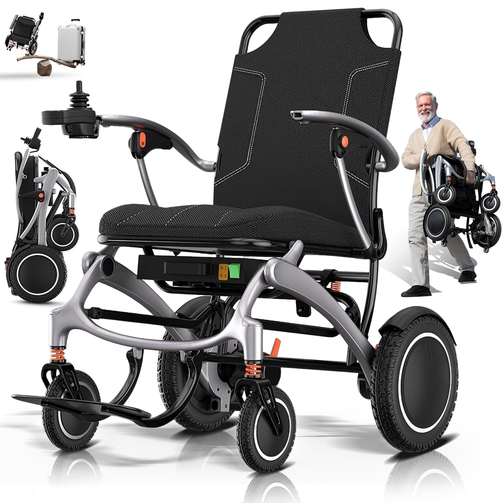 Sedia a rotelle elettrica pieghevole, leggera, 11,8 kg, fibra di carbonio T1000 + alluminio, portata 10-50 km, capacità di carico 150 kg, per anziani, viaggi e tutti i terreni, motore da 360 W
