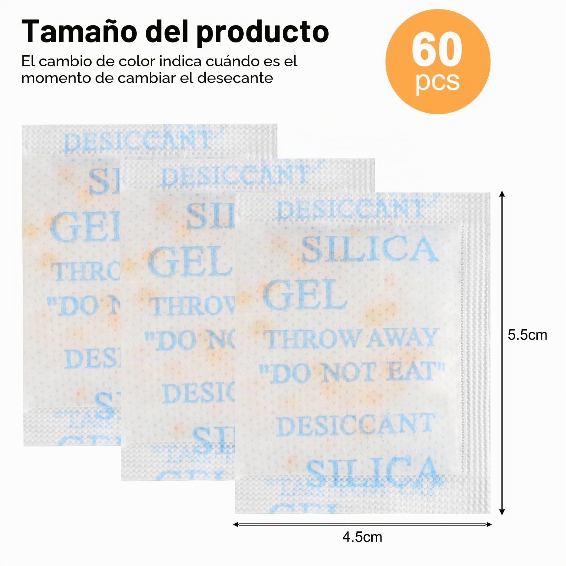 5 g x 60 bolsas de gel de sílice de grado alimenticio desecante con perlas de naranja indicador de humedad desecante para eliminar la humedad