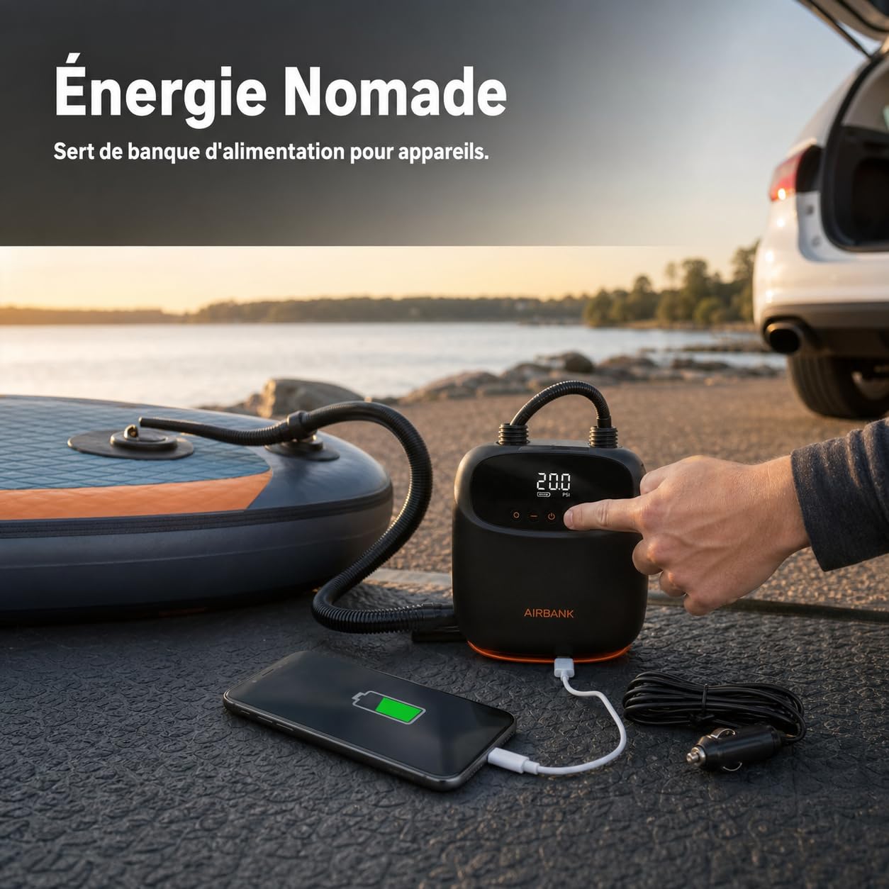 Inflador Eléctrico Portátil, Hinchador Colchón Hinchable y Kayak, Batería Recargable 20 PSI, Inflado y Desinflado Rápido