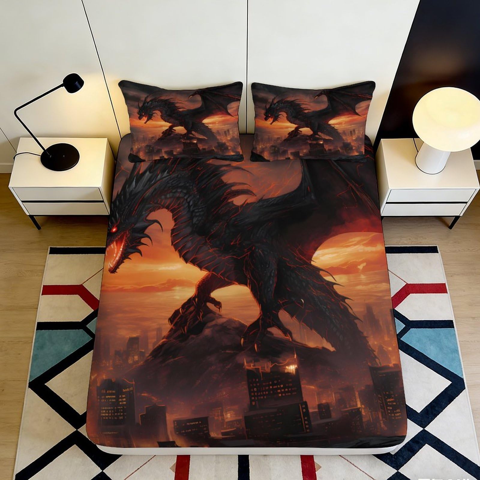 3D Printed Black Dragon Fitted Sheet Microfiber Soft Durable Fiery Cityscape Bed Cover for Bedroom Dormitory Guest Room Mattress Protection 200x200x25cm
