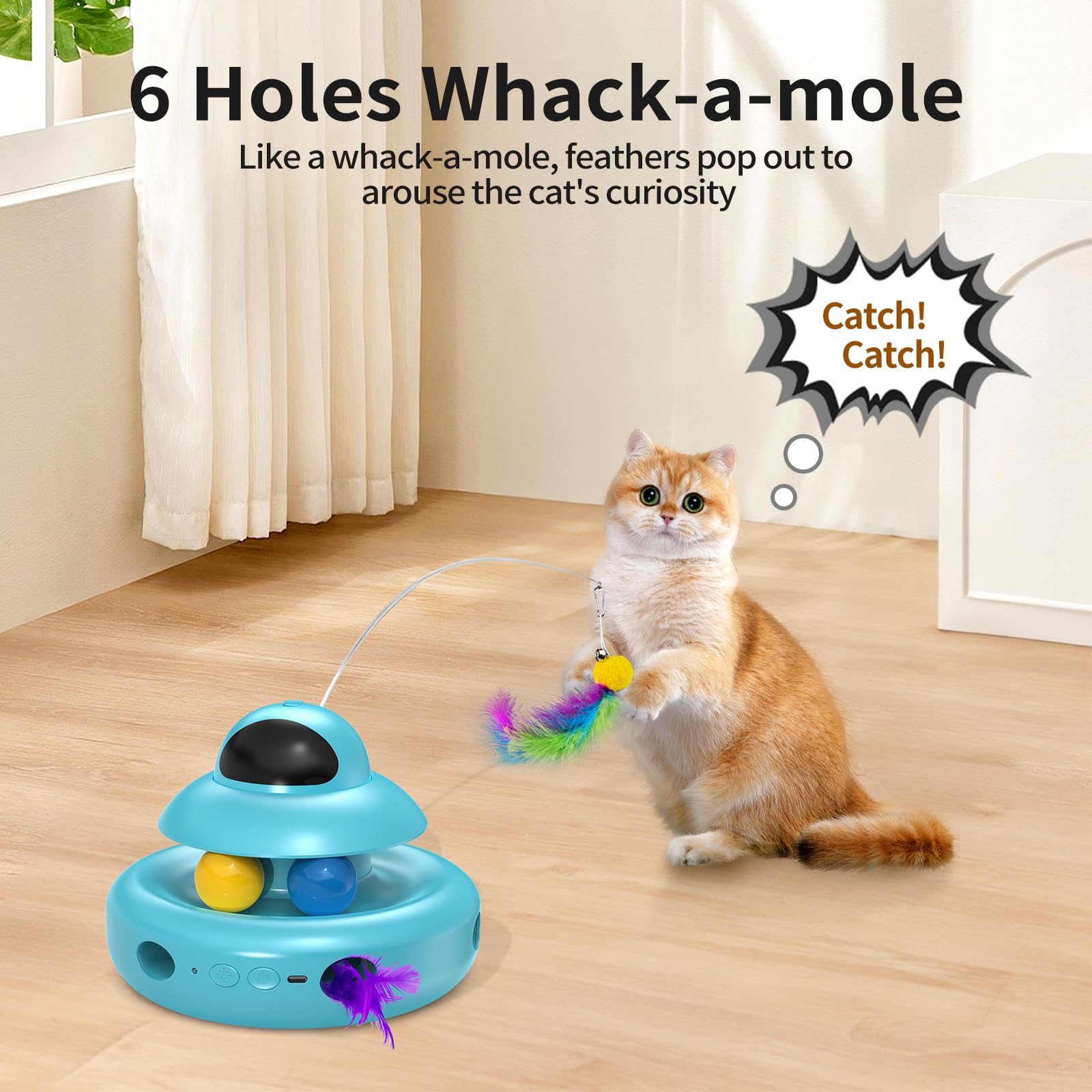 MOHAYA Jouets pour chat, jouet automatique 4 en 1 pour chats adultes ennuyés d'intérieur, papillon volant électrique, Whack a Mole, balles de piste en plumes, bleu