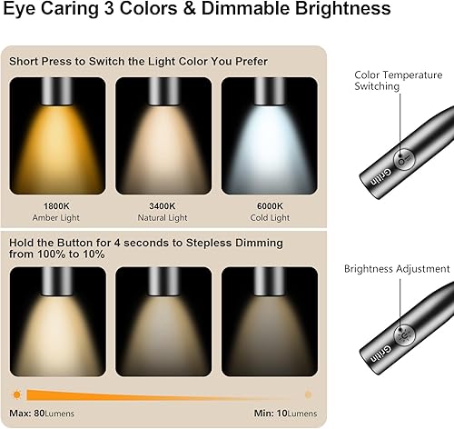 Miniatura 2 de Gritin Luz LED de lectura para cuello, luz de libro para leer en 3 colores, brillo regulable, brazos flexibles, más de 80 horas de tiempo de Negro