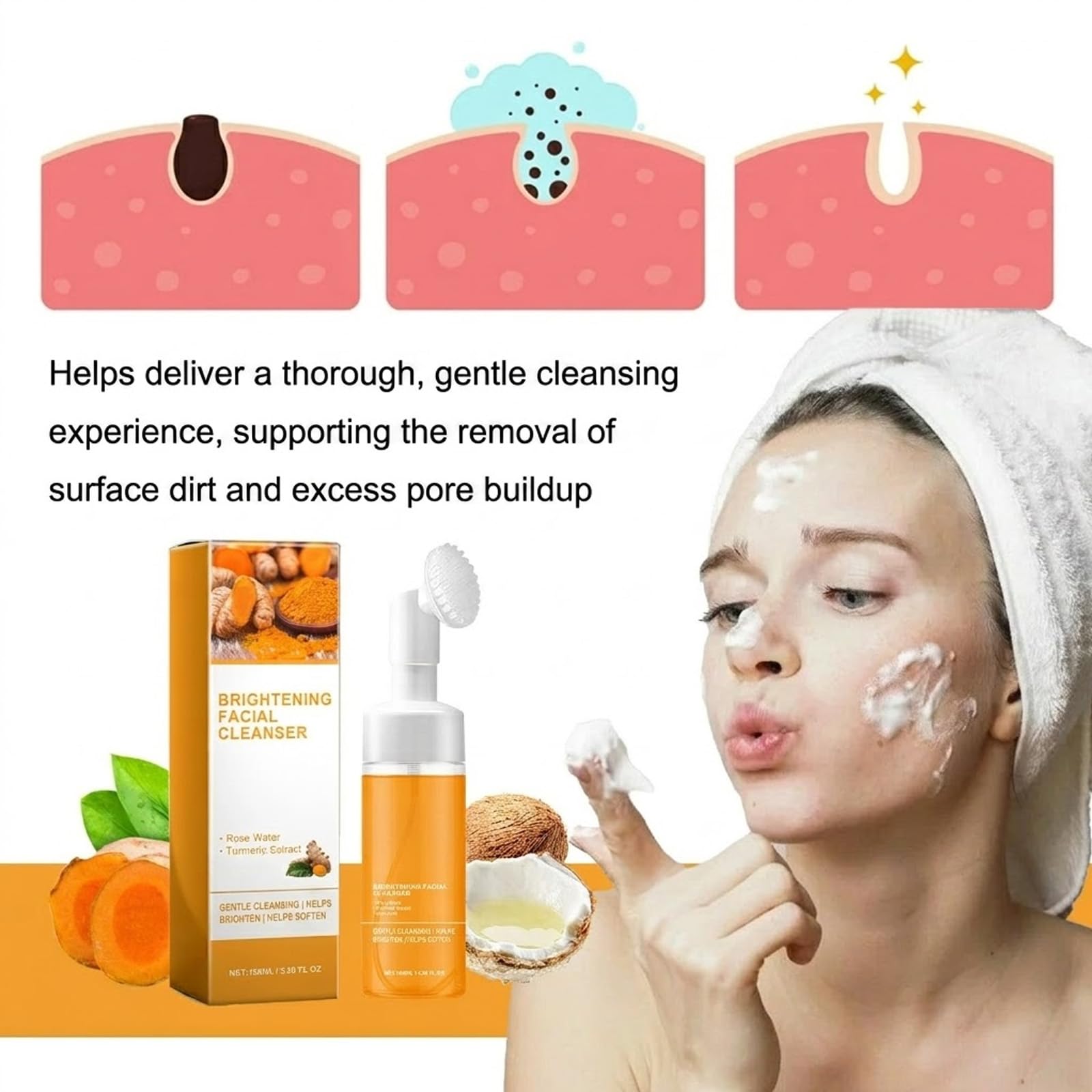 Kurkuma rozjaśniający środek do czyszczenia twarzy, kurkuma Glow Face Wash do ciemnych plam, nierównomierny odcień skóry, głęboko oczyszczający środek do czyszczenia twarzy ze szczotką, peeling