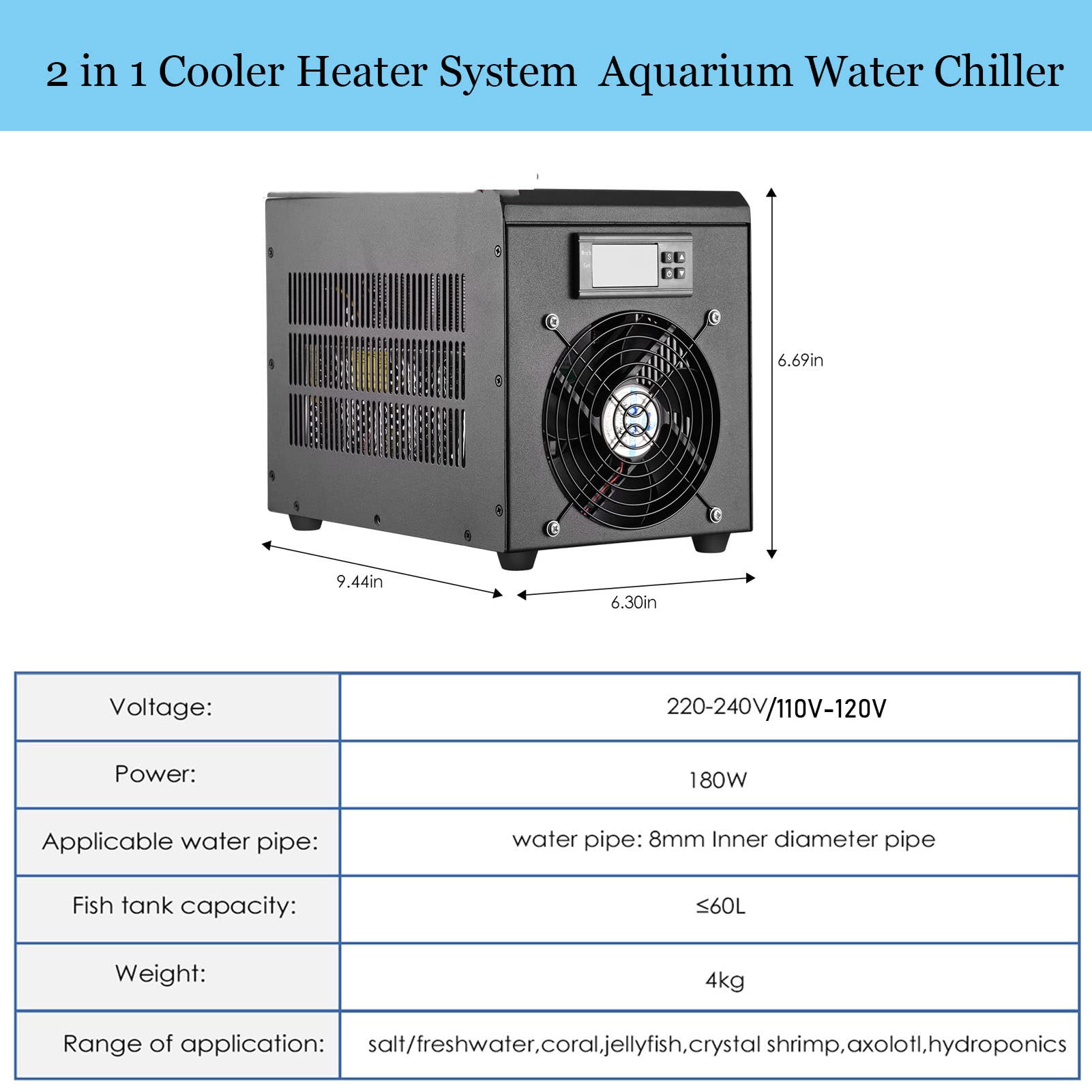Chłodnice akwariowe, chłodnica wody, chłodzenie akwarium, regulowany podgrzewacz 180 W i 60 l, stała temperatura od 10 do 40°C, zrównoważone chłodzenie, podgrzewacz i