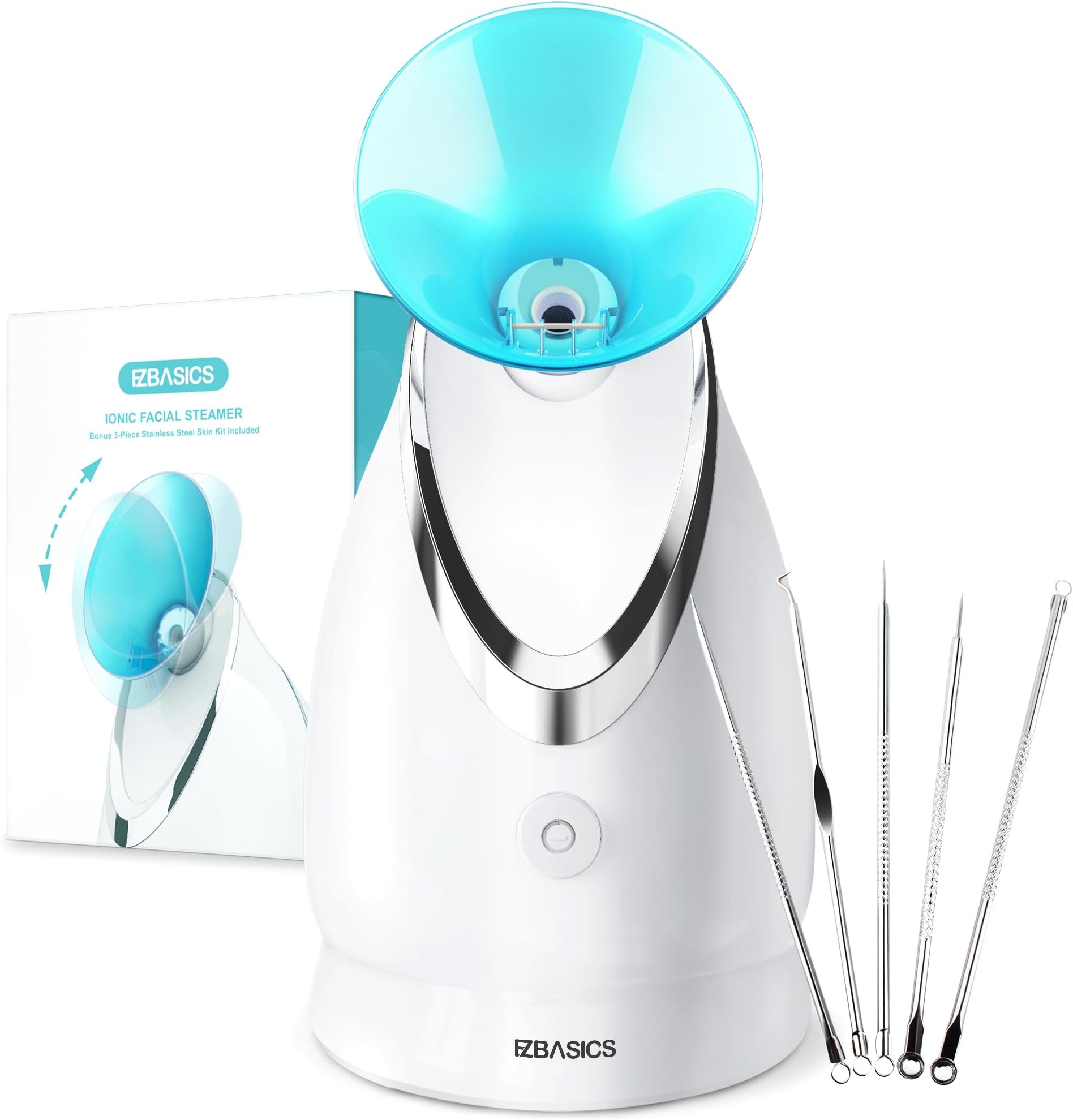 EZBASICS Facial Steamer-Nano Ionic Face Steamer for Home Facial, Unclogs Pores, Warm Mist Humidifier Atomizer, Humidifier Moisturizing Face Spa Steamer, Bonus Stainless Steel Skin Kit(Blue)