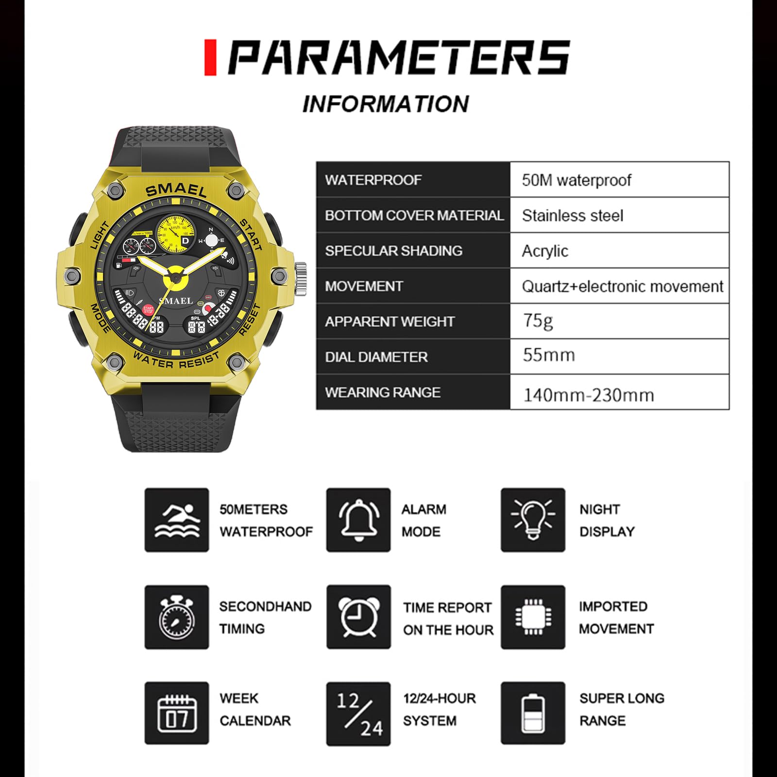 Orologio da polso da uomo, digitale e analogico, 5 ATM, impermeabile, militare, da uomo, con sveglia, LED, data, cronometro, sportivo, digitale, militare, per uomini, ragazzi, cronografo, orologio da