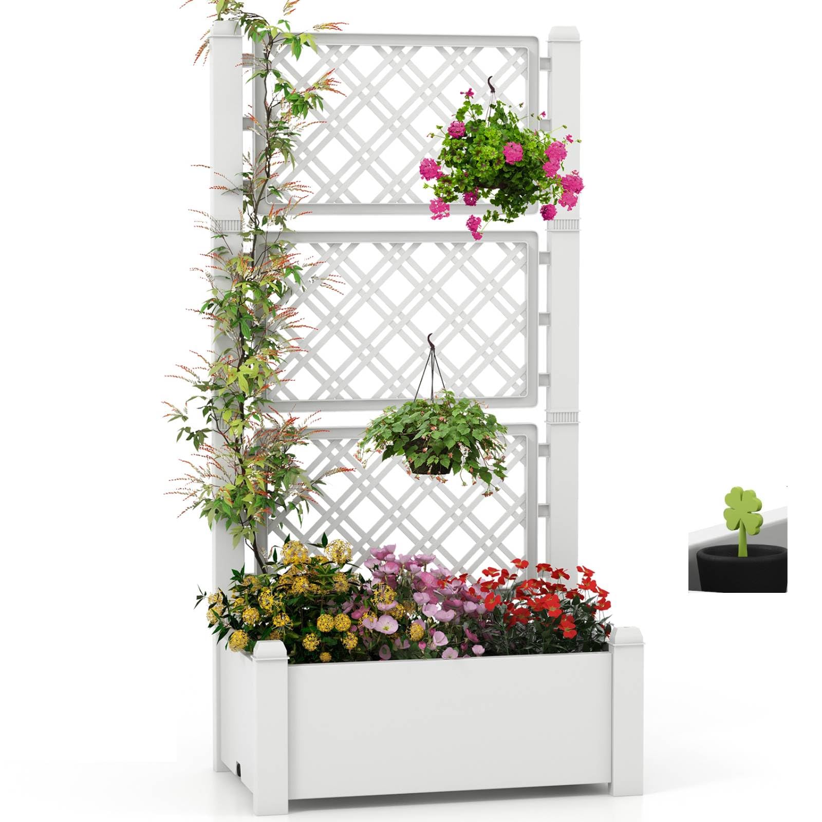 TANGZON Wooden Raised Garden Bed with Detachable 3-Height Trellis, Self-Watering Outdoor Planter Box with Water Level Indicator & Removable Space Dividers, Elevated Trough Planter Support Box (White)