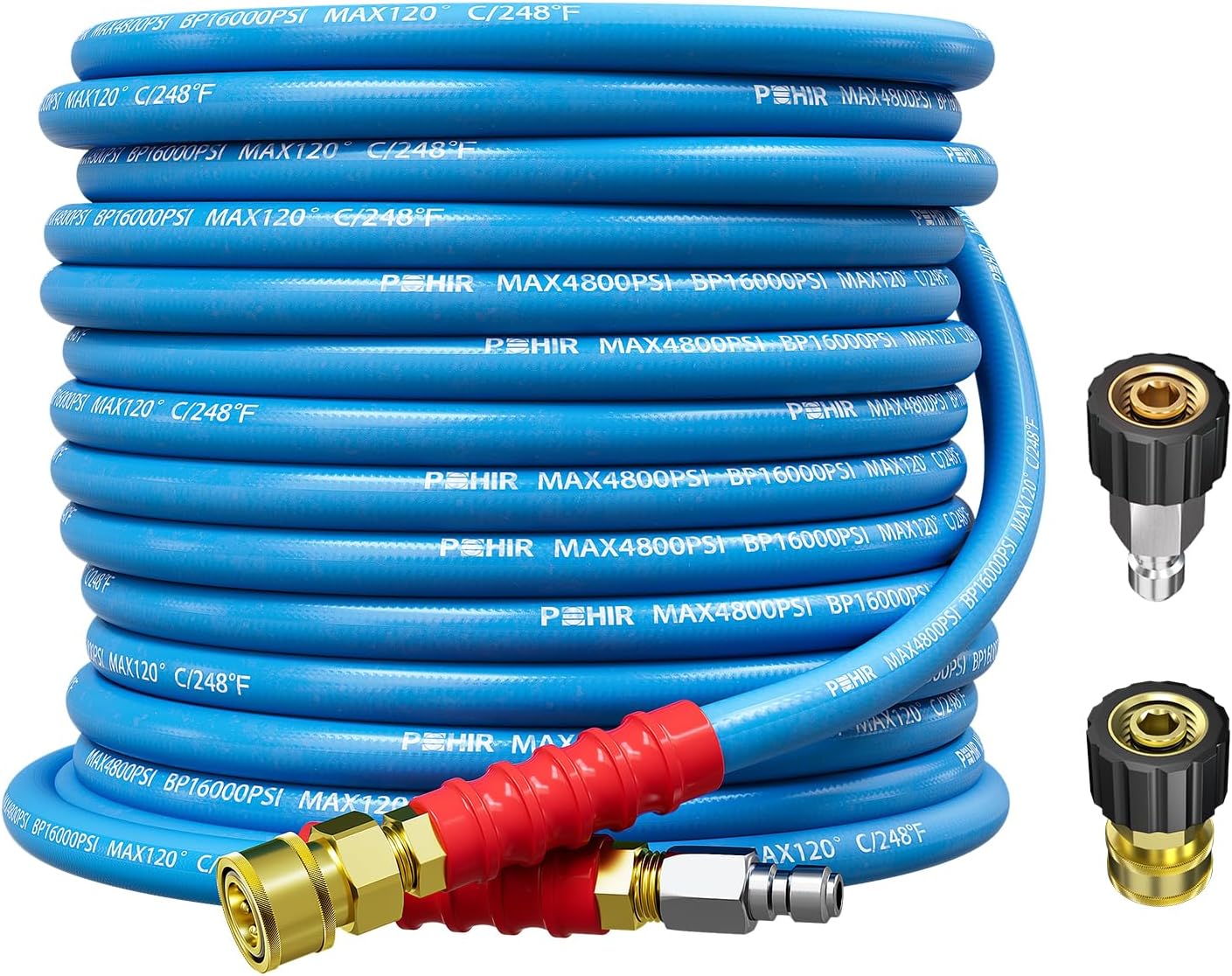 POHIR Pressure Washer Hose 50FT 3/8" for Cold & Hot Water (Up to 248?) 4800 PSI Kink Resistant Industrial Grade Steel Wire Braided QC Ends with 2 M22-14mm to 3/8" Adapters for Professional and Home